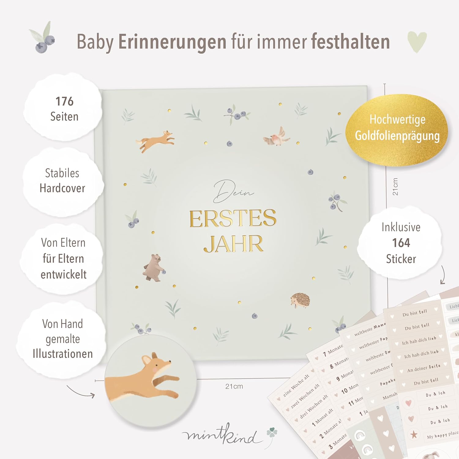 Thumbnail 1 de mintkind Mein erstes Jahr Babyalbum Pattern Salbei – sanftes Babytagebuch, 176 Seiten + Sticker-Set im liebevollen Hardcover