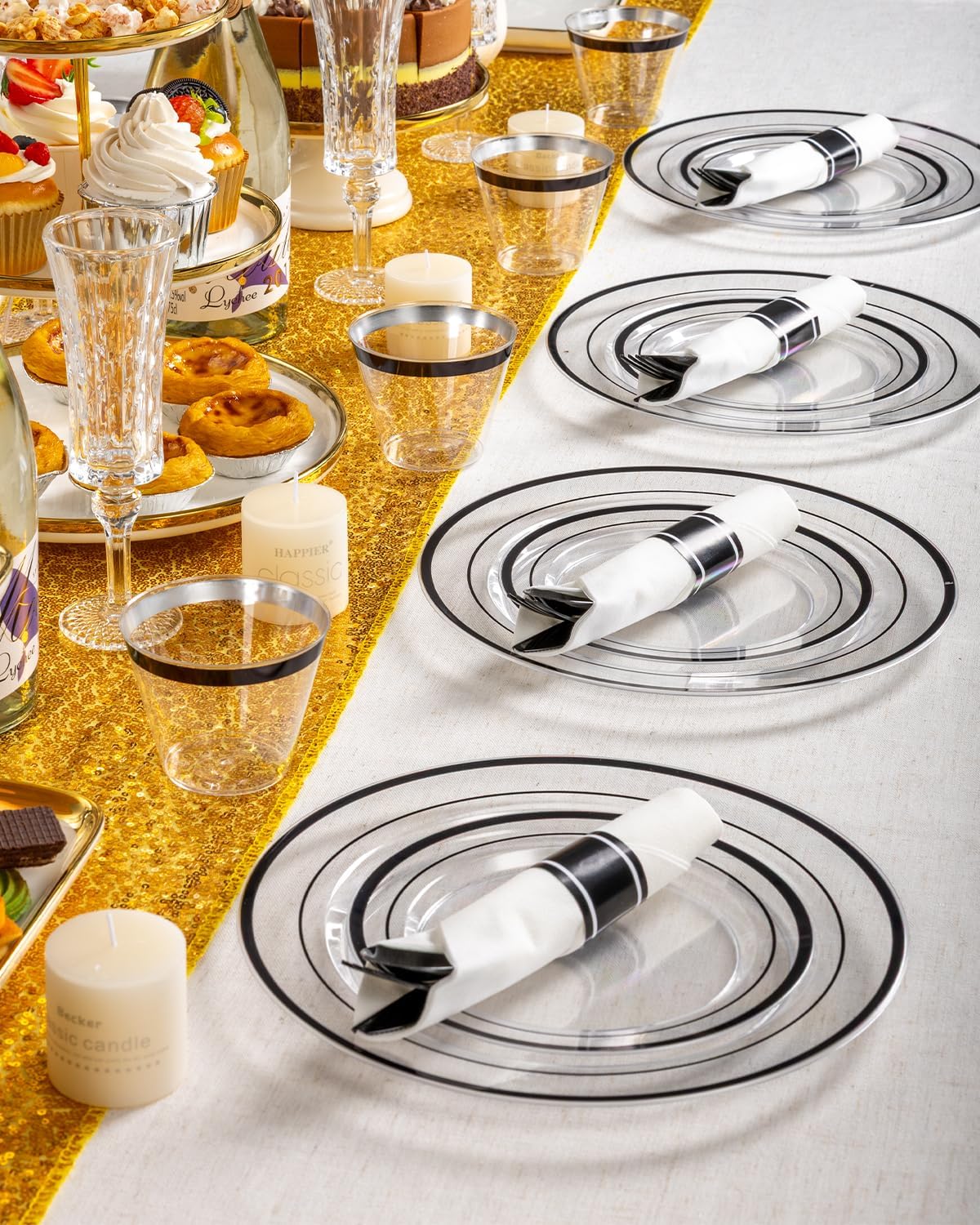 Detalle 2 de Goodluck 175-Piece Disposable Clear and Black Party Dinnerware Set: 50 Plates, 25 Cups, 25 Napkin Bundles