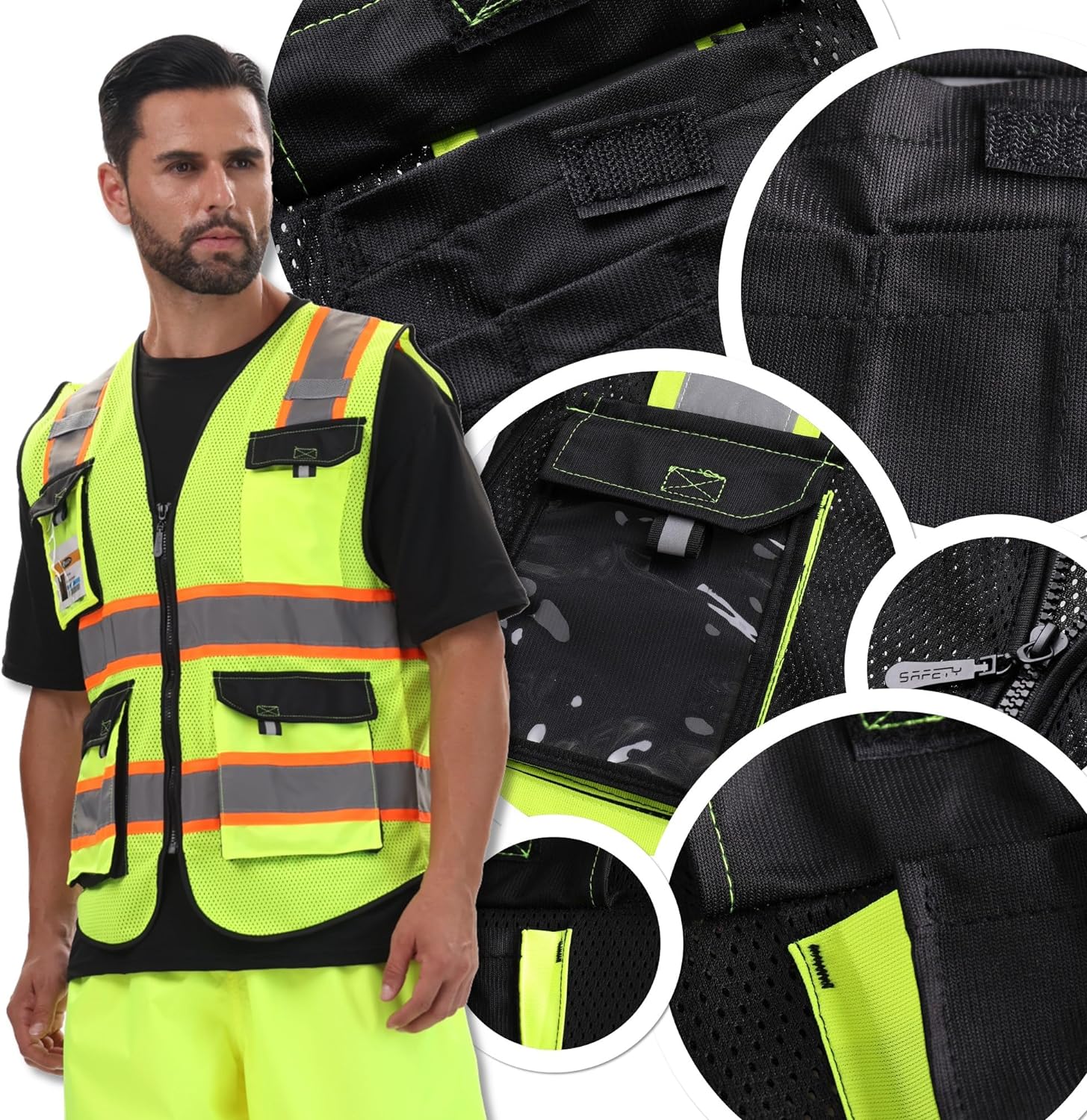 Detalle 2 de JKSafety Hi Vis Reflective Safety Vests (220-Black L) with Mesh Fabric & Pockets