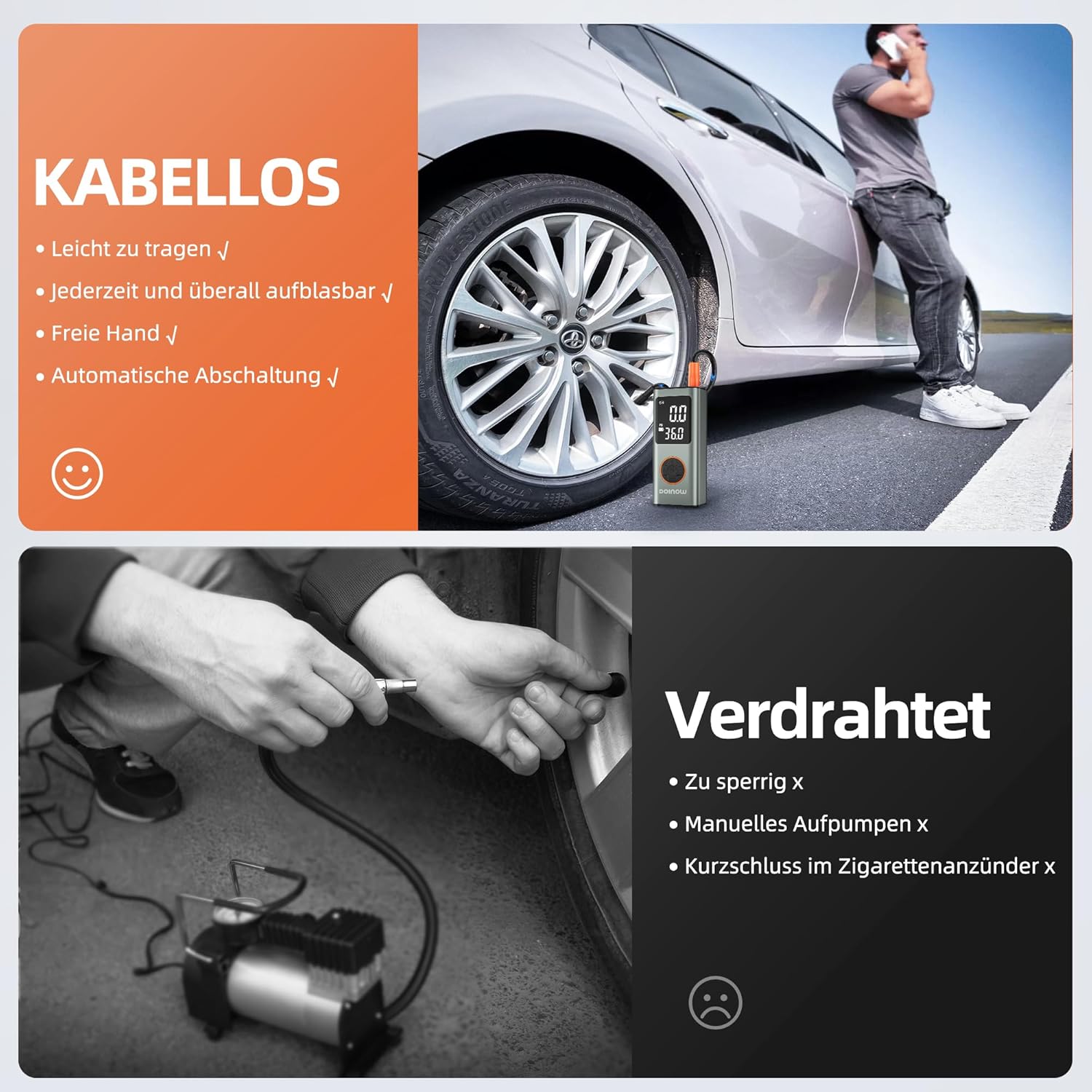 Detalle de DOINOW Kabellose Fahrradpumpe Elektrisch – 150 PSI, 4 voreingestellte Modi, LED-Licht, USB-C Powerbank