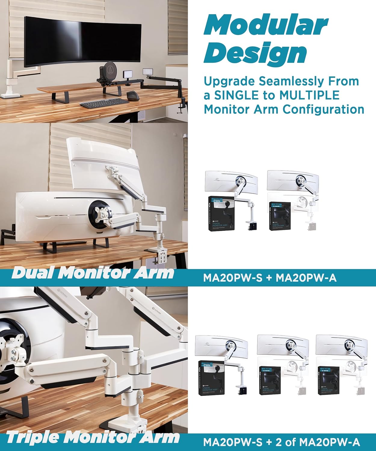 Thumbnail 5 de ULTRARM Braccio Heavy Duty per monitor 57” MA20PW-S, regolabile in altezza con molla pneumatica, VESA 75x75/100x100 fino a 20 kg (bianco)