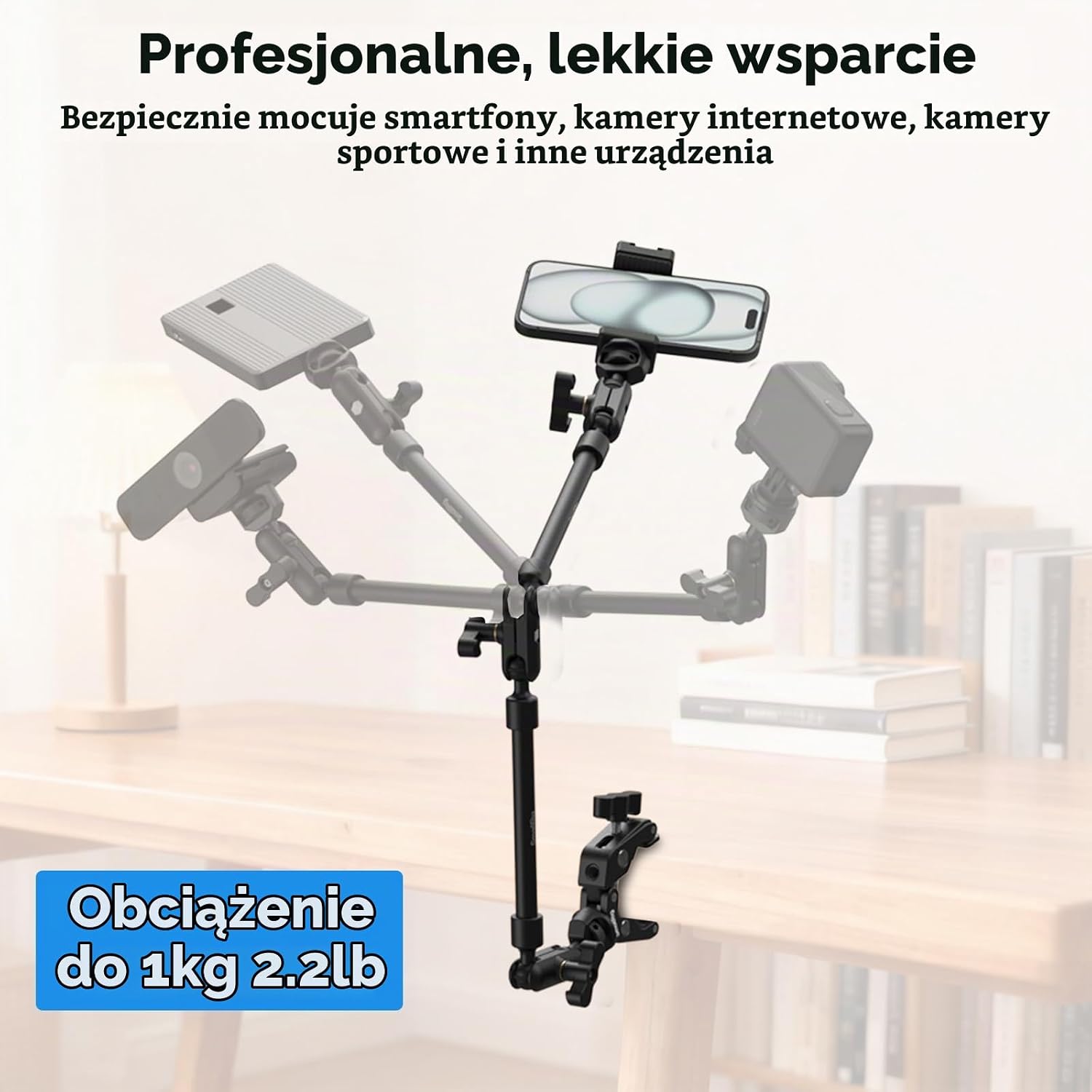 Detalle de SMALLRIG 5625 – ramię przegubowe 22,4 cala z Super Clamp i uchwytem na telefon