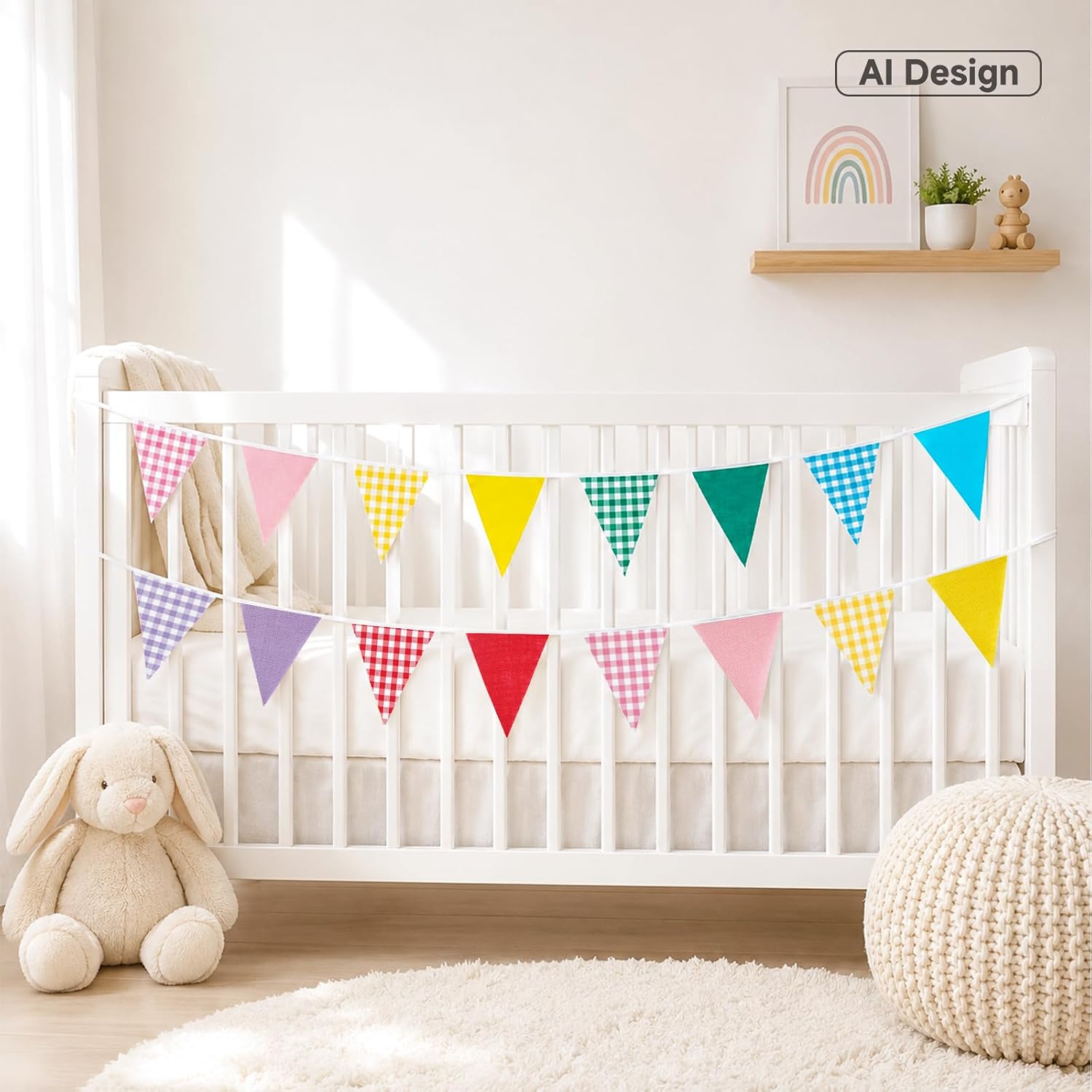 Detalle de G2PLUS Fabric Gingham Bunting Banner 10M Multicoloured – Reusable Vintage Triangle Flags