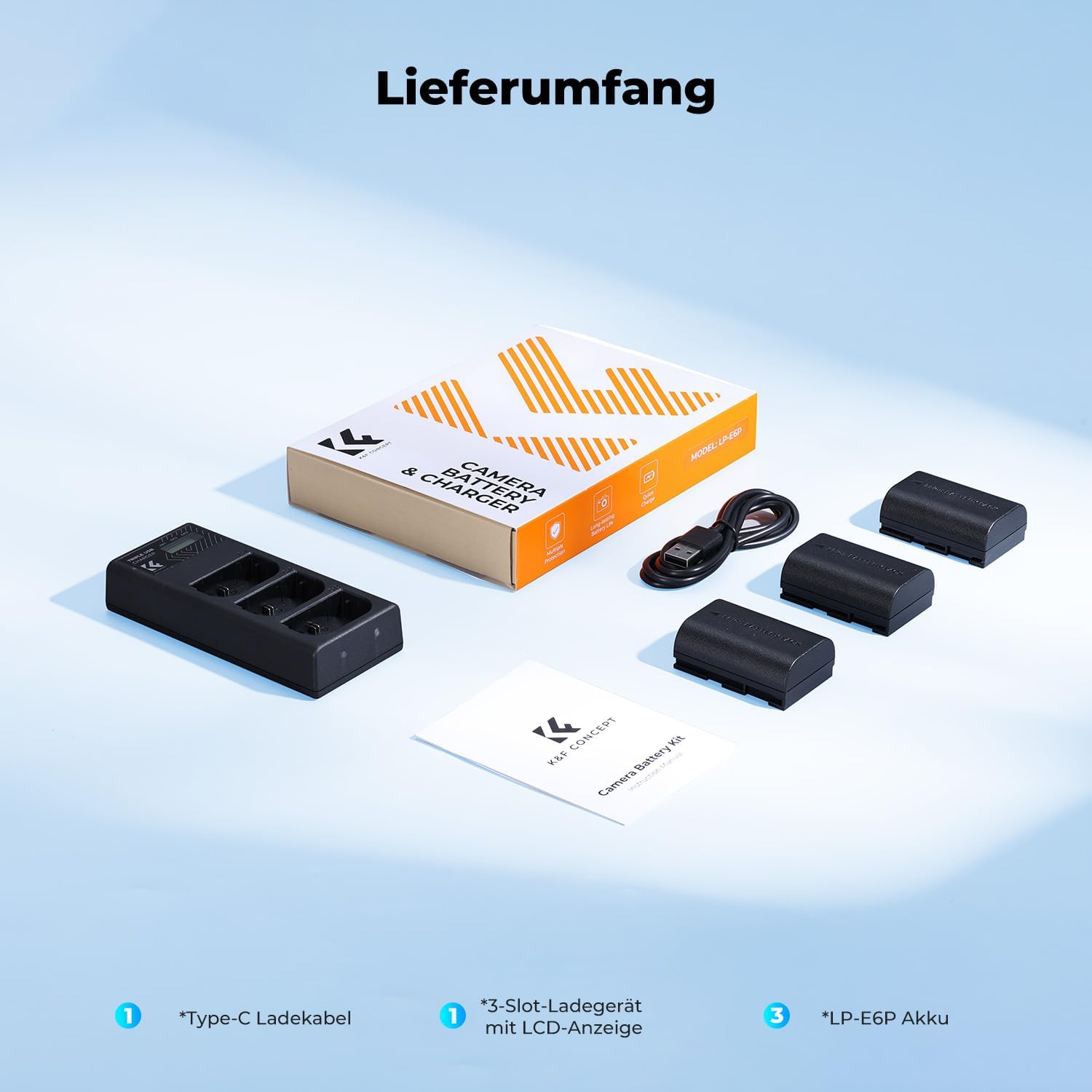 Thumbnail 6 de K&F CONCEPT LP-E6P Akku 3er Pack mit 3-Slot Ladegerät – 7200 mAh Backup-Lösung für Canon-Modelle