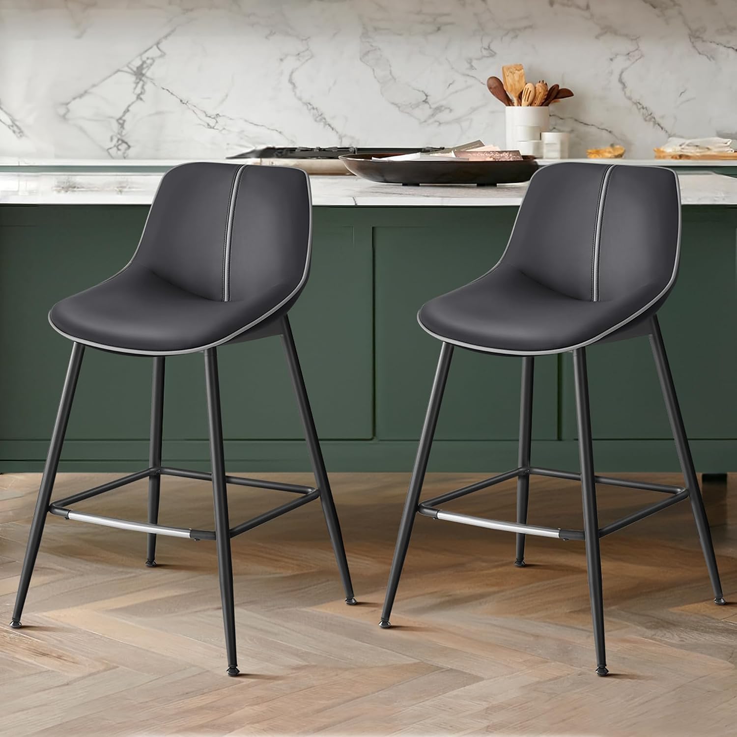 Detalle de VASAGLE ULBC088B01 Bar Stools, Set of 2 with Backrests, Ink Black PU Leather