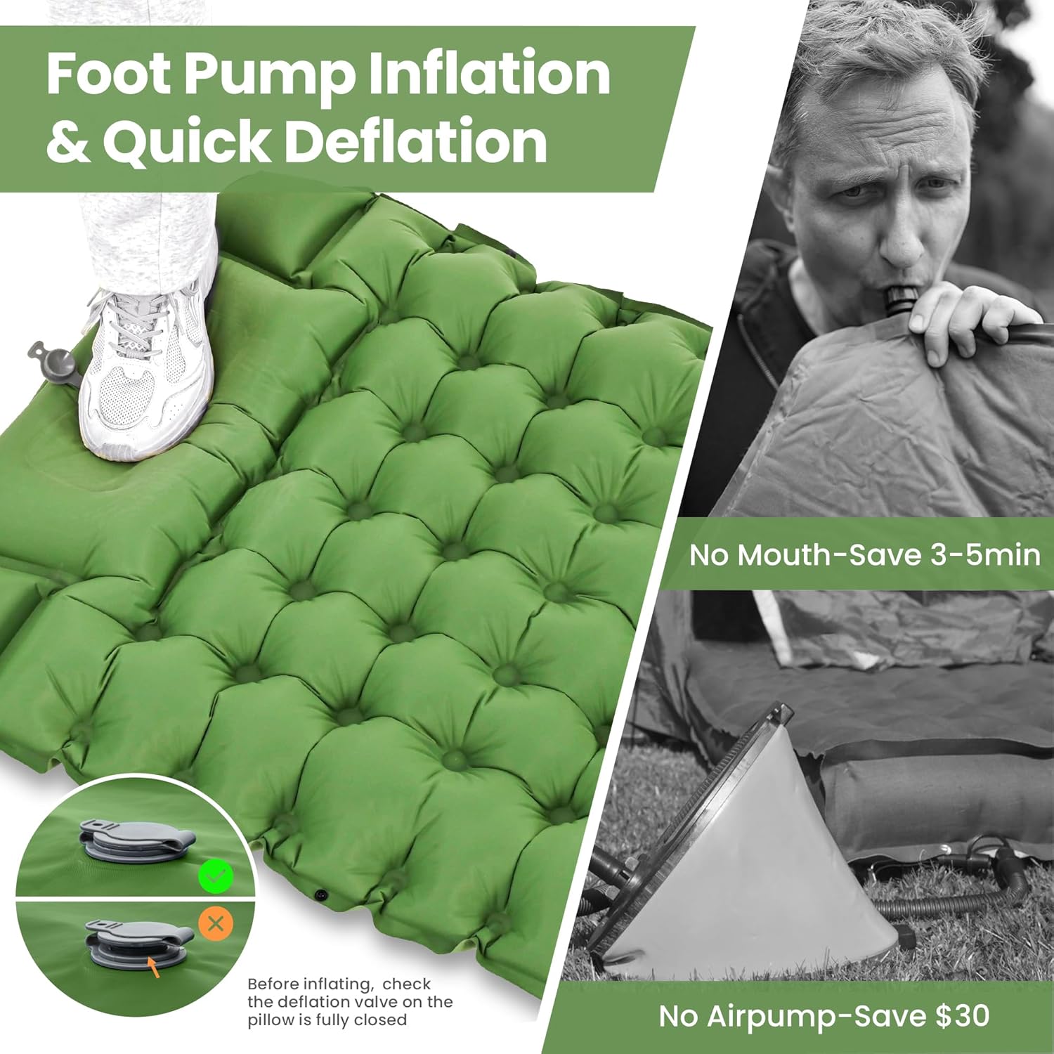 Thumbnail 2 de ROPODA Ultralight Sleeping Mat with Built-In Foot Pump – 77" x 27" x 3.9" (Green)
