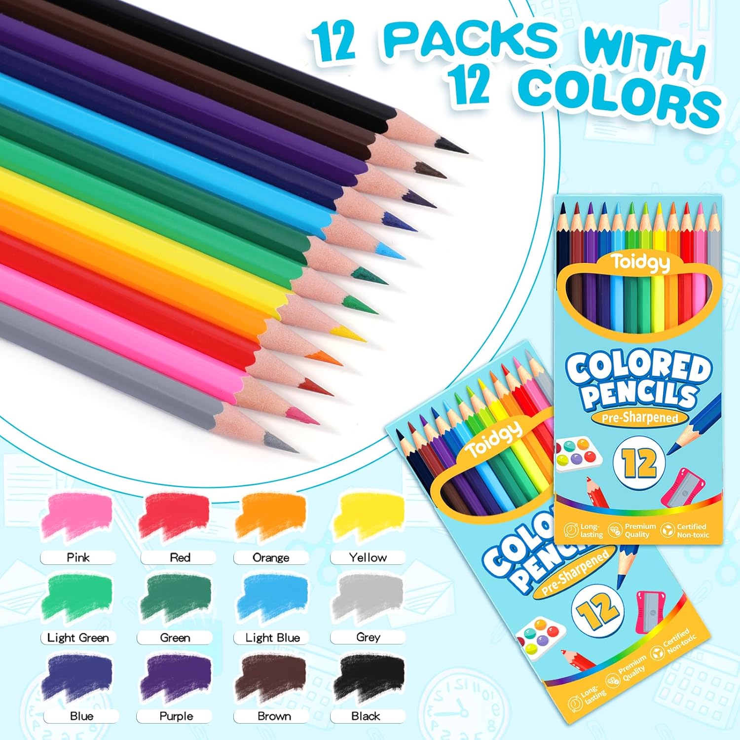 Thumbnail 2 de Toidgy 144-Count Colored Pencils for Kids (12 Packs of 12 Colors) — Pre-Sharpened Bulk School Supplies