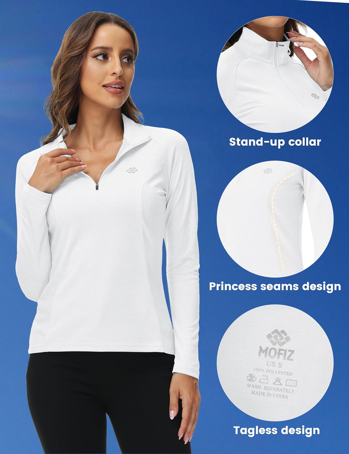 Detalle de AjezMax Femme T-shirt manches longues de sport avec zip 1/4 — polyester respirant pour course, yoga et entraînement