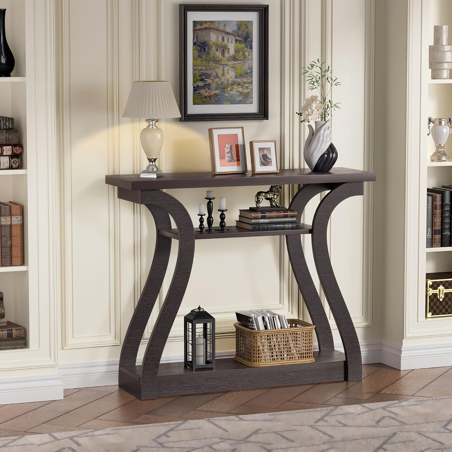 Detalle de UODERS CONTEB- 3-Tier Wood Console Table, Brown, 47.25 in. with Curved Legs