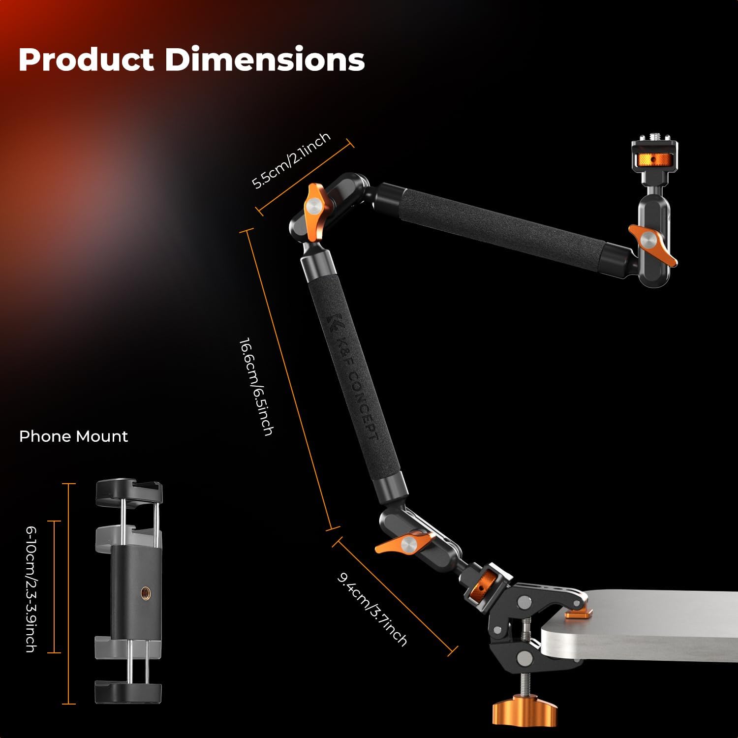Thumbnail 6 de K&F CONCEPT 22" Magic Arm Clamp overhead desk camera mount with action camera adapter