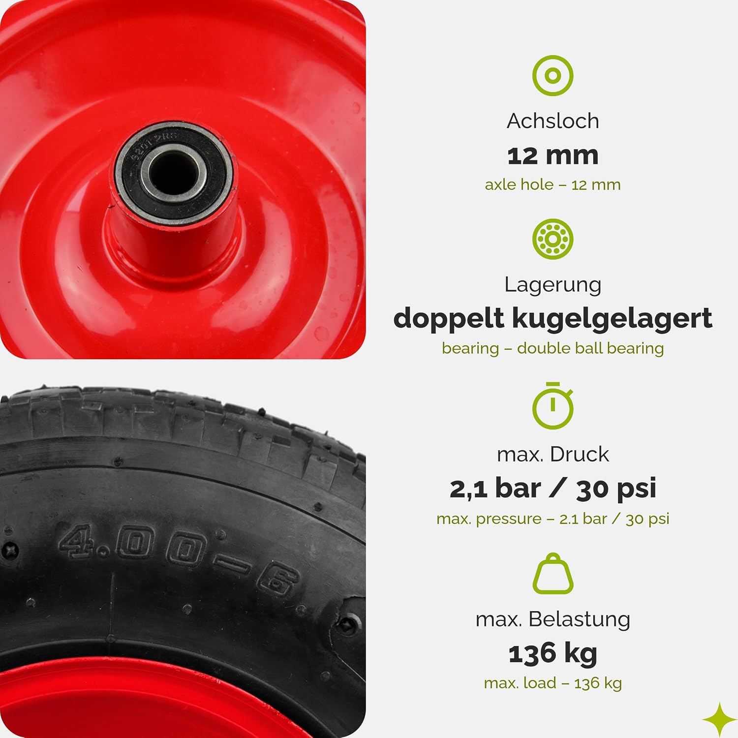 Detalle de Garronda Ersatzrad Schubkarre 4.00-6 Ø320 mm – Luftreifen, Stahlfelge, Kugellager, Achse, AV, 136 kg Tragkraft