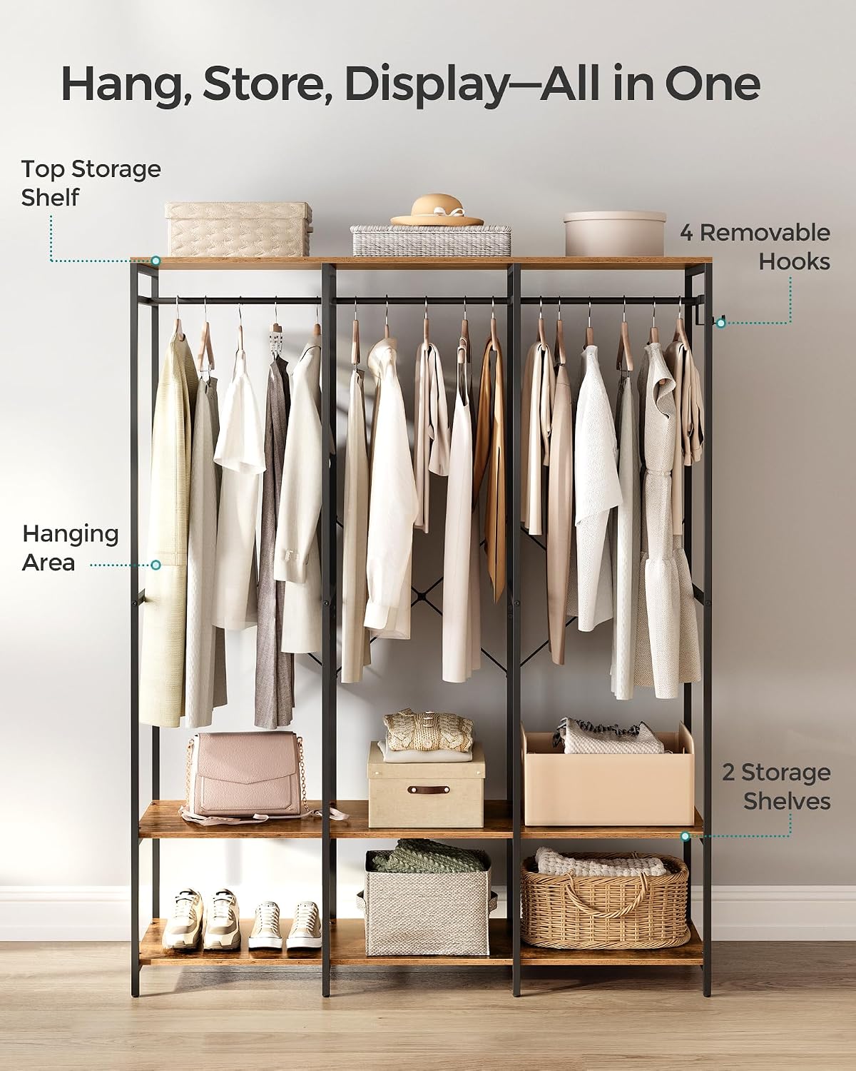 Detalle 2 de SONGMICS RGR005B01 Clothes Rail with Shelves, 141 x 40 x 180 cm