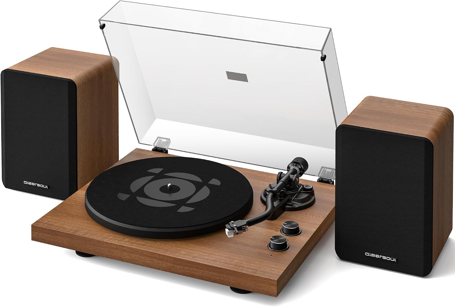 QLEARSOUL SoulBox S1 Vinyl Record Player with Stereo Speakers (Walnut)