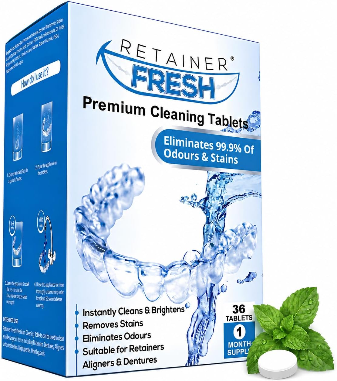 Detalle de Retainer Fresh reinigingstabletten voor beugels, aligners en gebitsbeschermers, 36 stuks