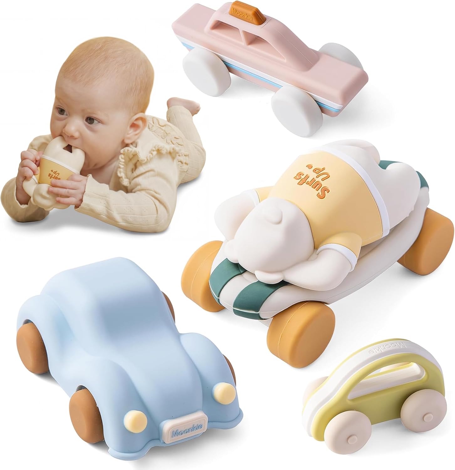 Moonkie Surf & Go Auto Spielzeug-Set (5-teilig) aus Silikon, BPA-frei – für Babys ab 6 Monaten