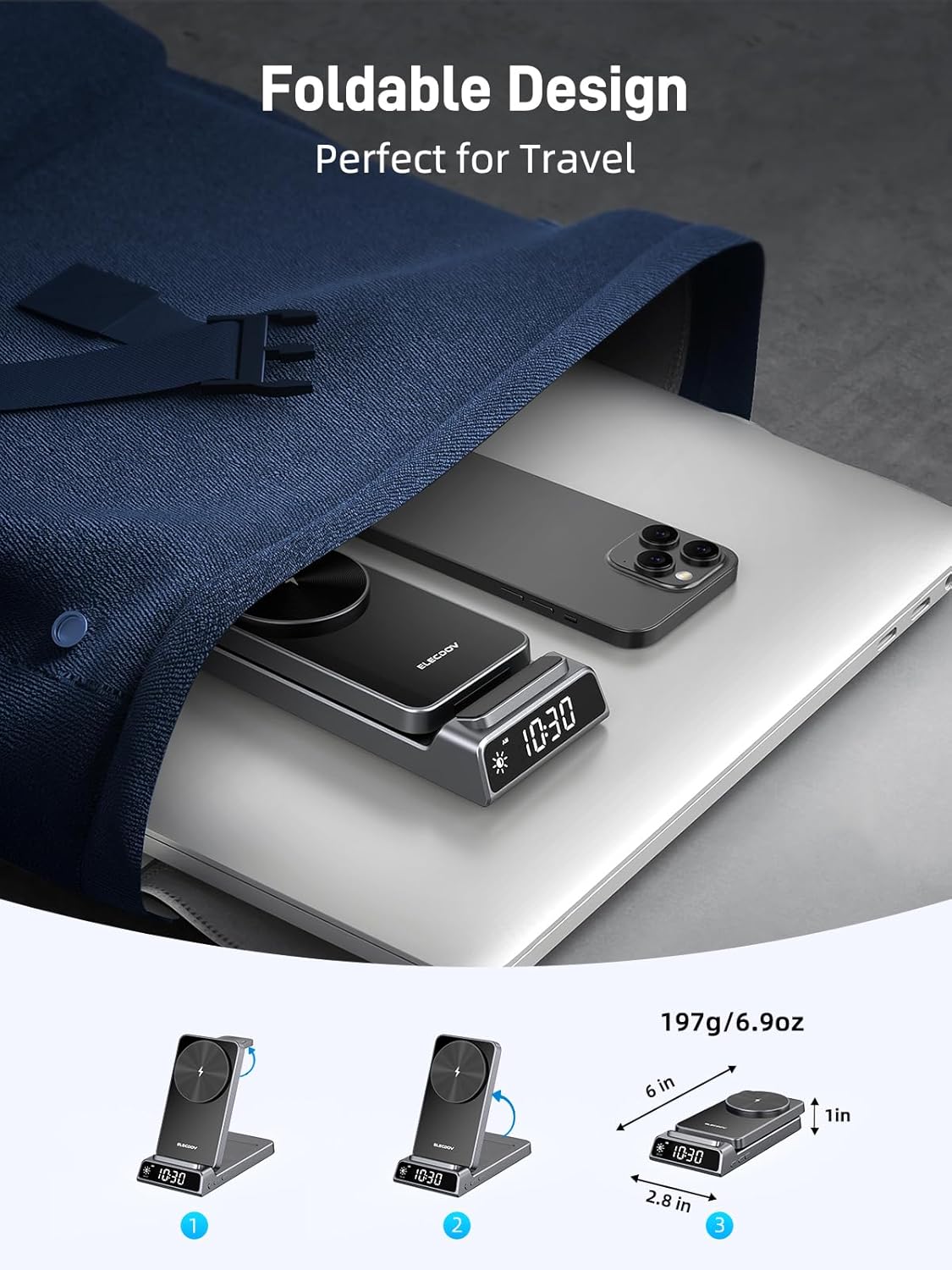 Thumbnail 5 de Elecdov Station de charge magnétique sans fil 3 en 1 avec horloge (pliante, compatible Apple) — Chargeur iPhone, Apple Watch et iWatch 10