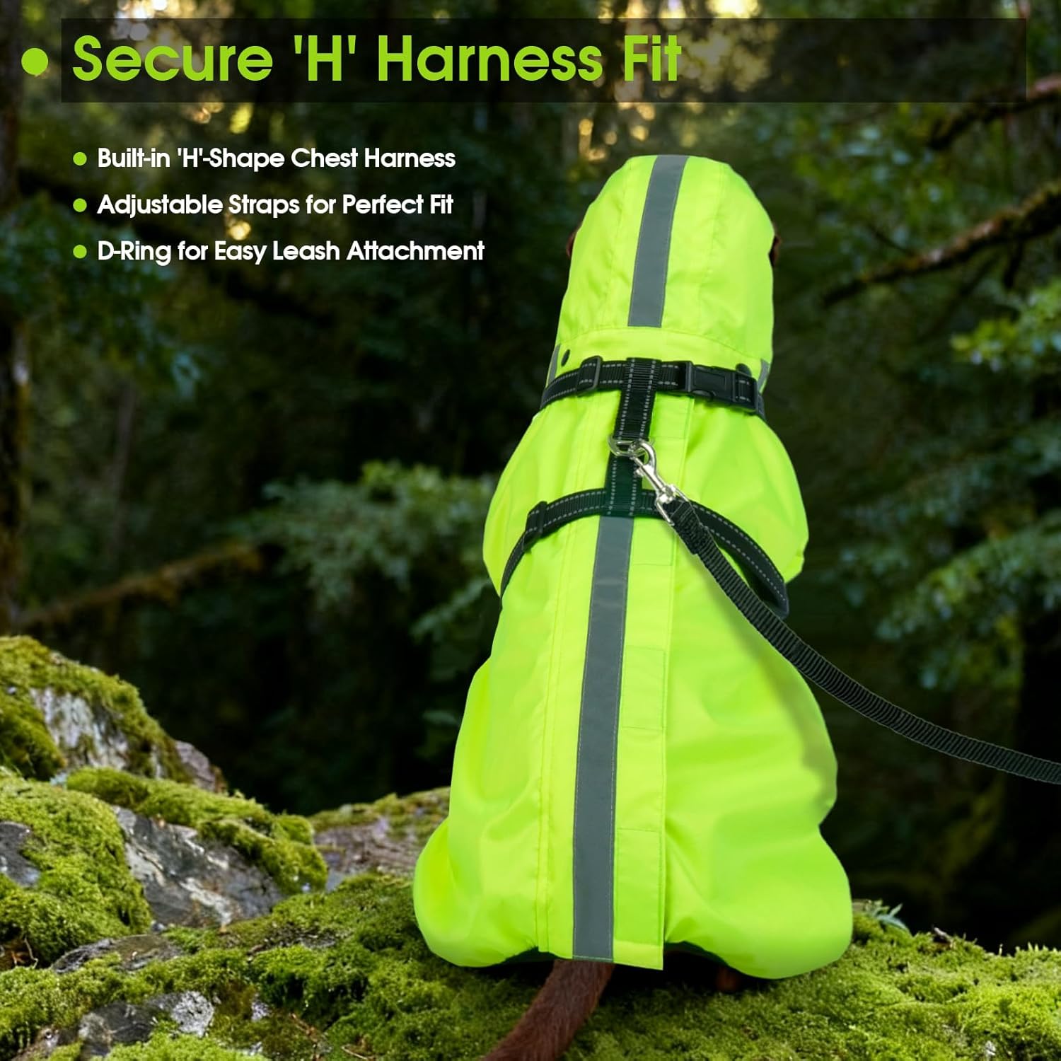 Thumbnail 5 de OUOBOB Waterproof Dog Raincoat with Reflective Strips, H-Harness & Detachable Hood (Neon Green, Size 3XL)