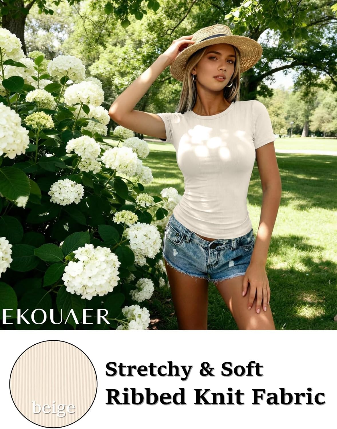 Detalle 2 de Ekouaer Damen 3er Pack gerippte T-Shirts mit Rundhalsausschnitt – kurzarm, Stretch & Slim-Fit Basic Crop Tops