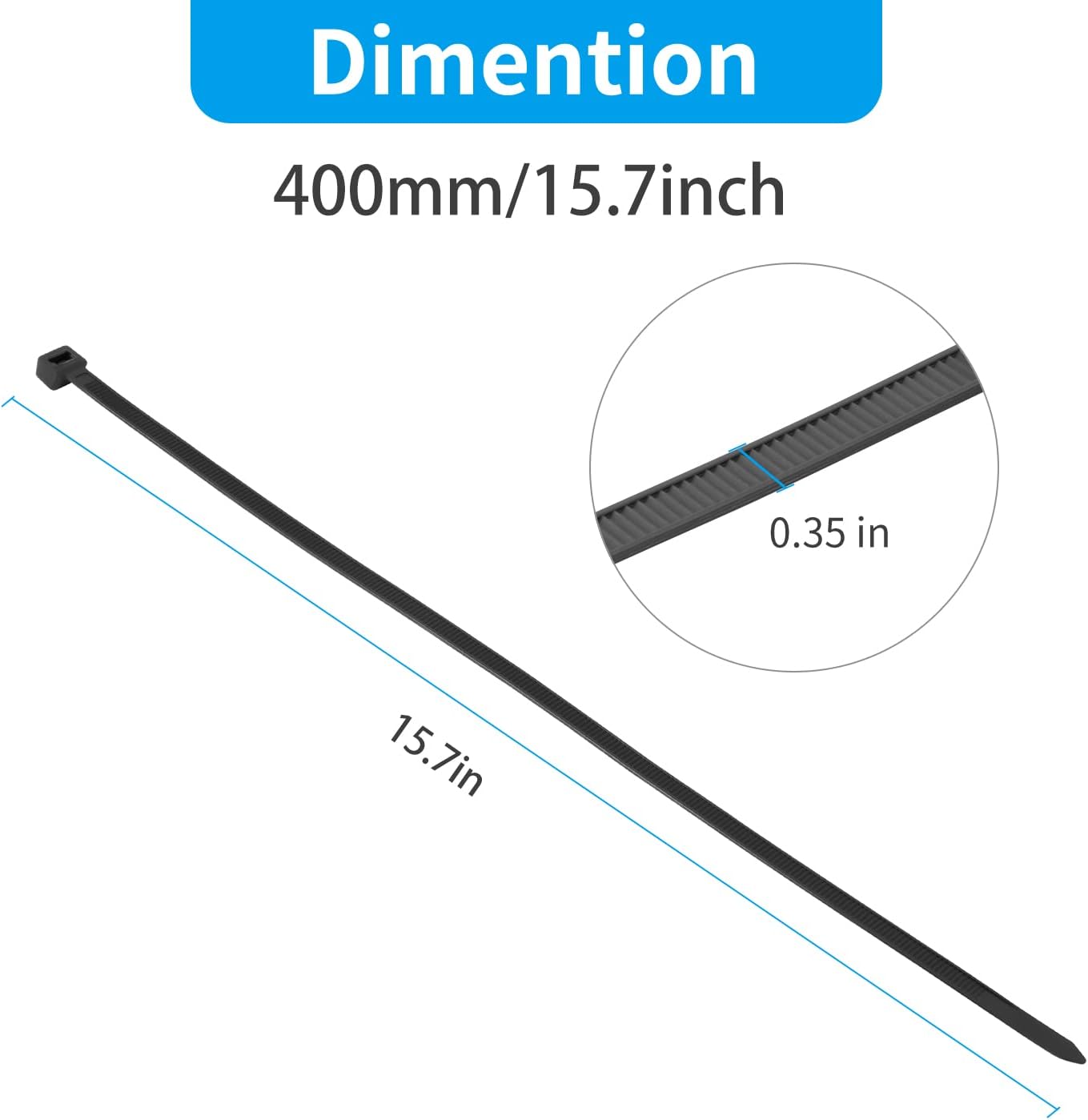 Detalle de XINGO 100 PCS Black Cable Ties Heavy Duty 400mm x 9mm – 80 kg Ultra Strong, UV Resistant