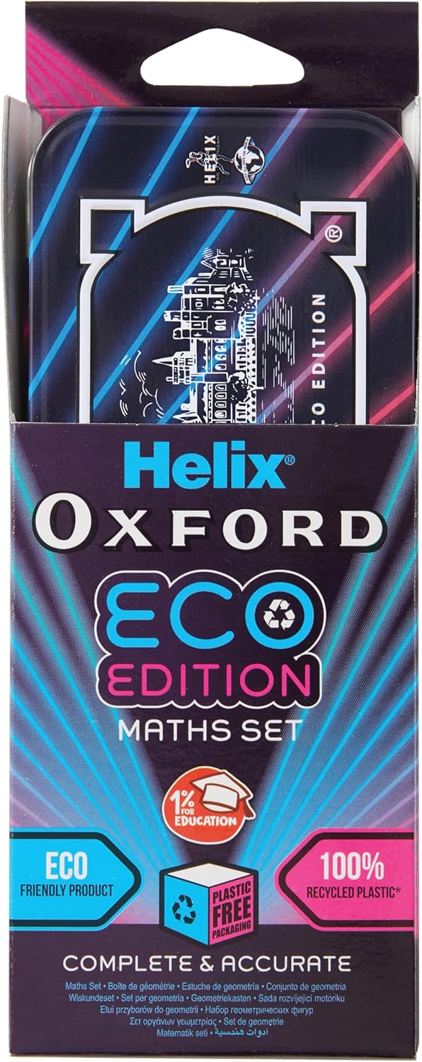 Helix Oxford Cyber Eco Maths Set – complete 9-piece school maths equipment (with tin)