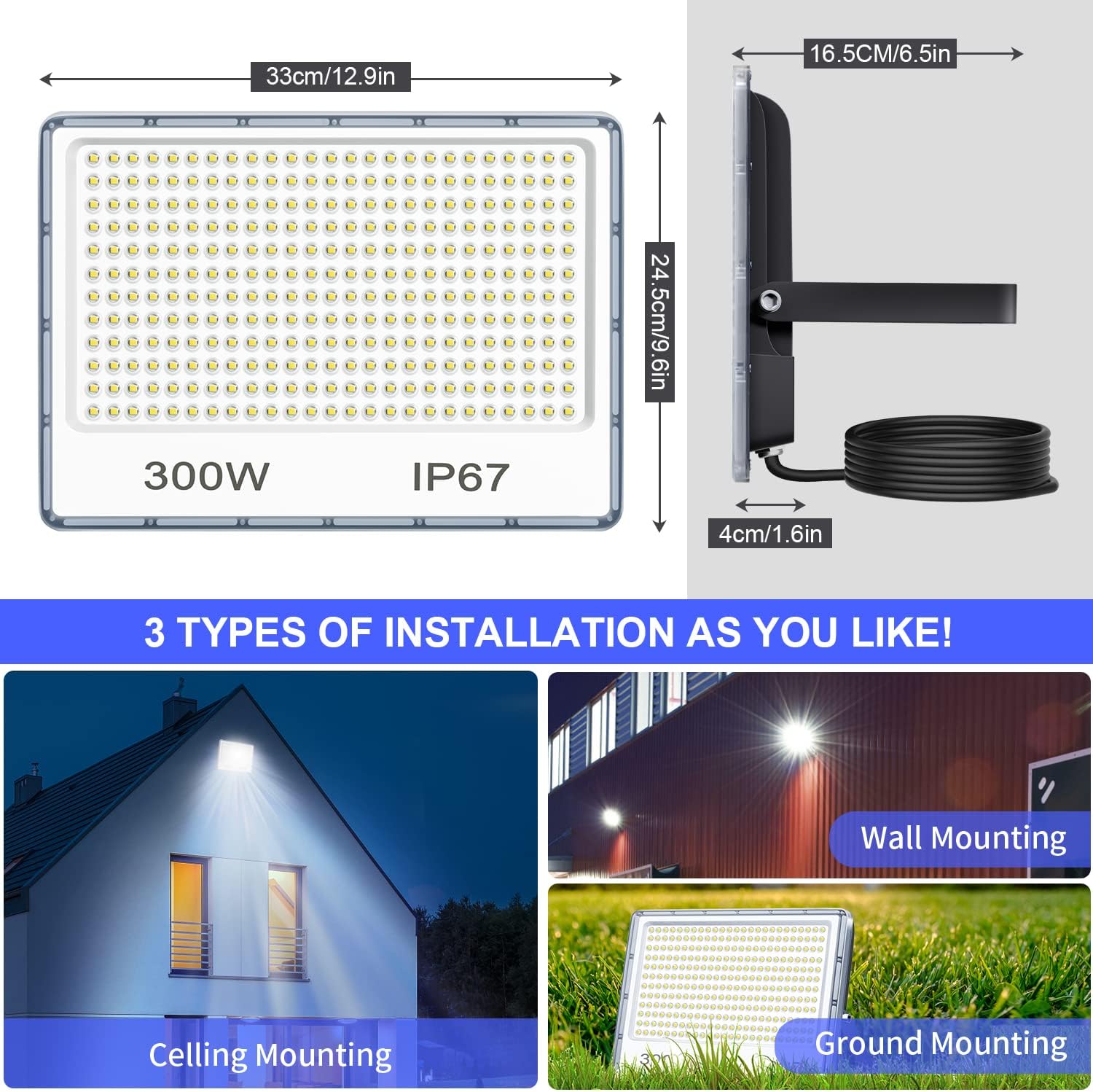 Thumbnail 2 de YIQIBRO 300W Outdoor LED Flood Light (2-Pack) – IP67, 30,000 Lumen, 7000K Cool White