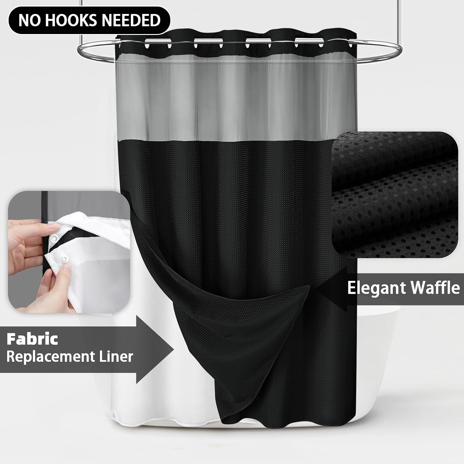 Thumbnail 2 de XOGUIBO No Hook Shower Curtain and Liner Set (Black Waffle, 75" x 72")