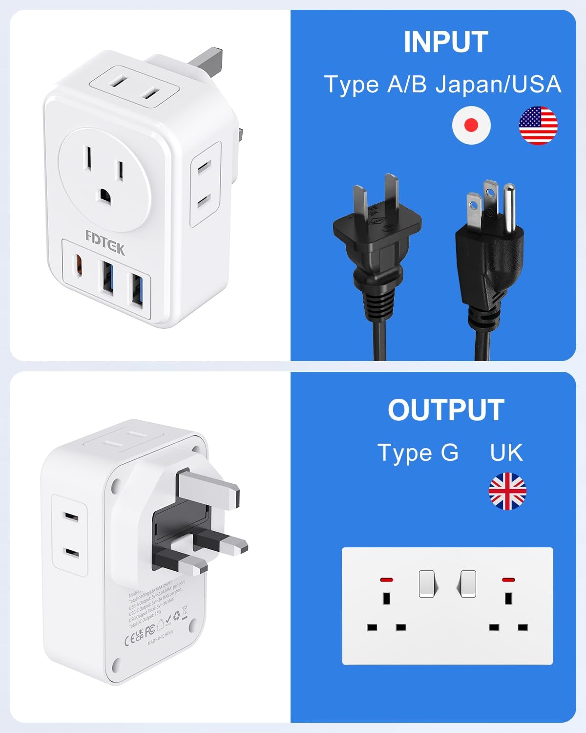 Detalle de FDTEK US to UK Plug Adapter with 3 USB Slots (7-in-1) – Type A/B to Type G