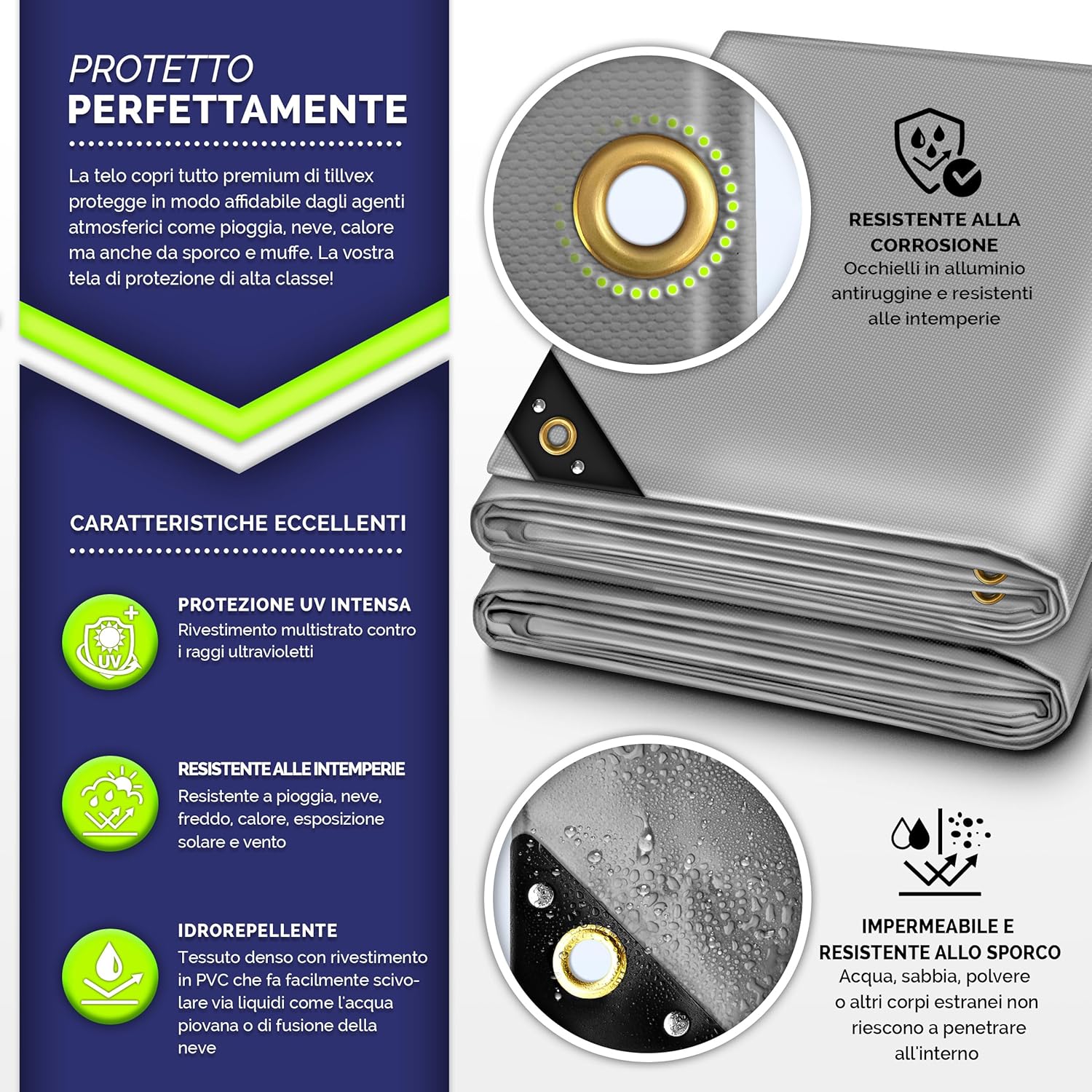 Thumbnail 1 de Tillvex telone di copertura con occhielli + 10 elastici e corda da 15 m, PVC 650 g/m²