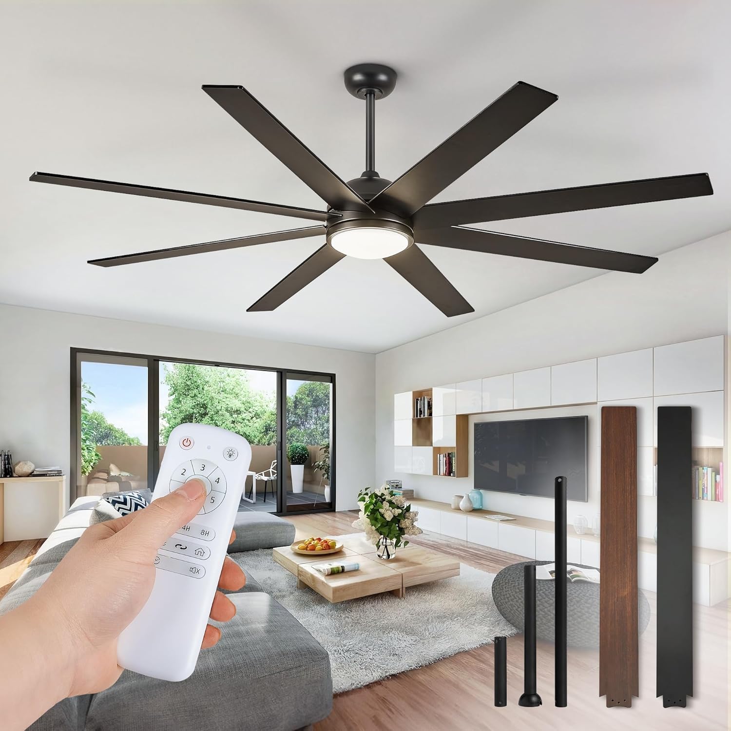 Detalle de Fanbulous 65 Inch Ceiling Fan with Lights and Remote — Black Indoor/Outdoor, Quiet DC Motor