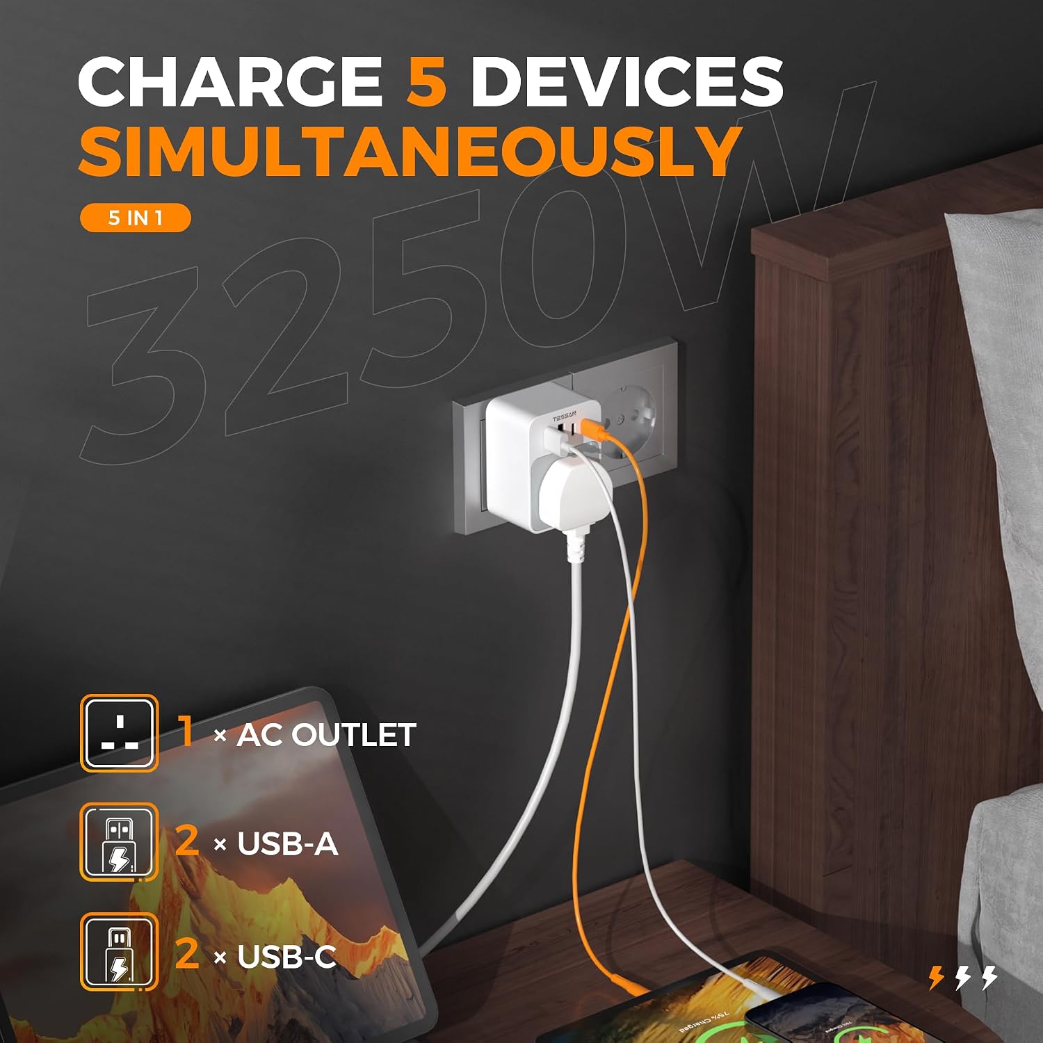Detalle de TESSAN UK to European Plug Adapters (2 Pack) – Grounded, 4 USB Ports (2 USB-C) – Type E/F