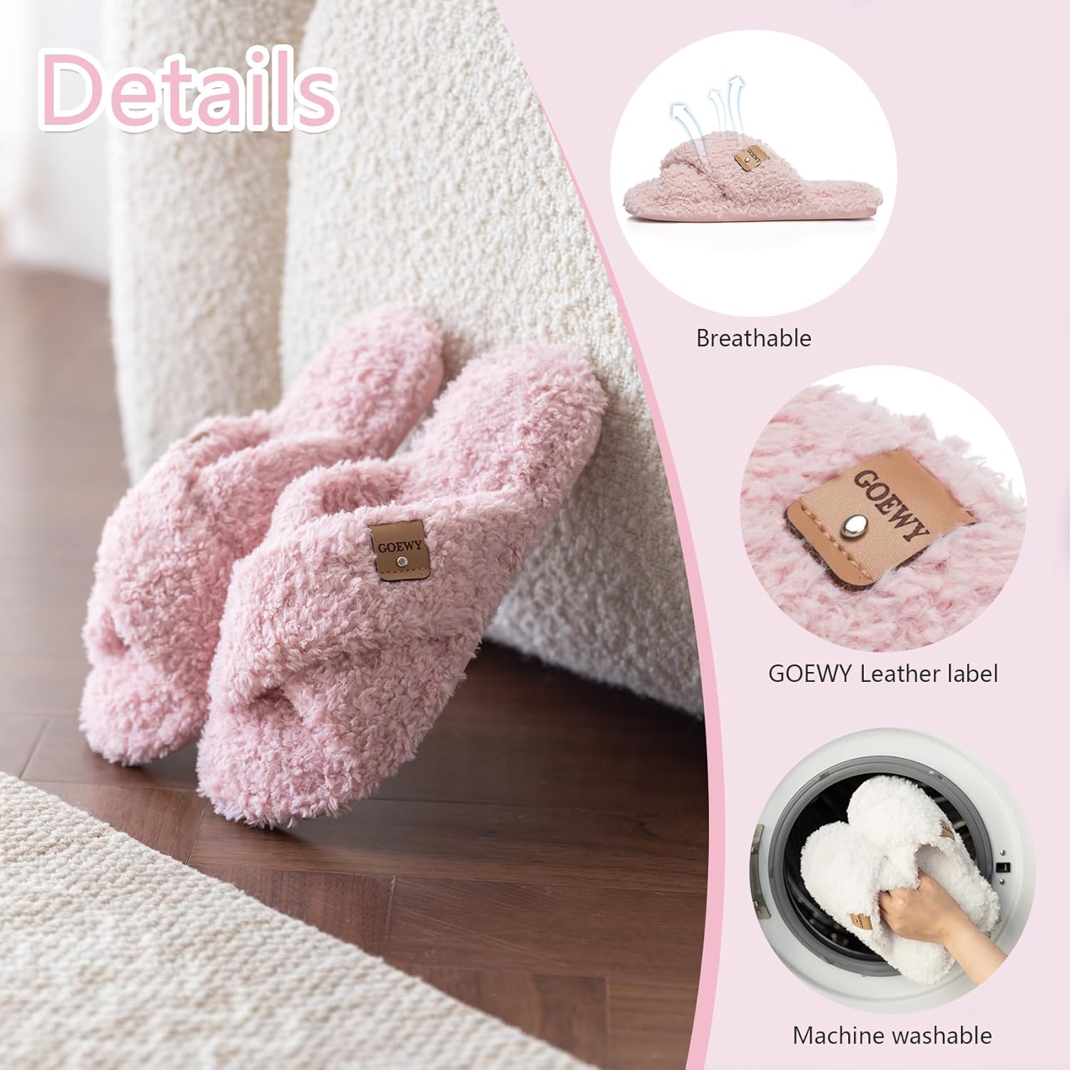 Thumbnail 3 de GOEWY Chaussons Femme en Peluche avec Mousse à Mémoire de Forme – Bride Croisée et Semelle Antidérapante