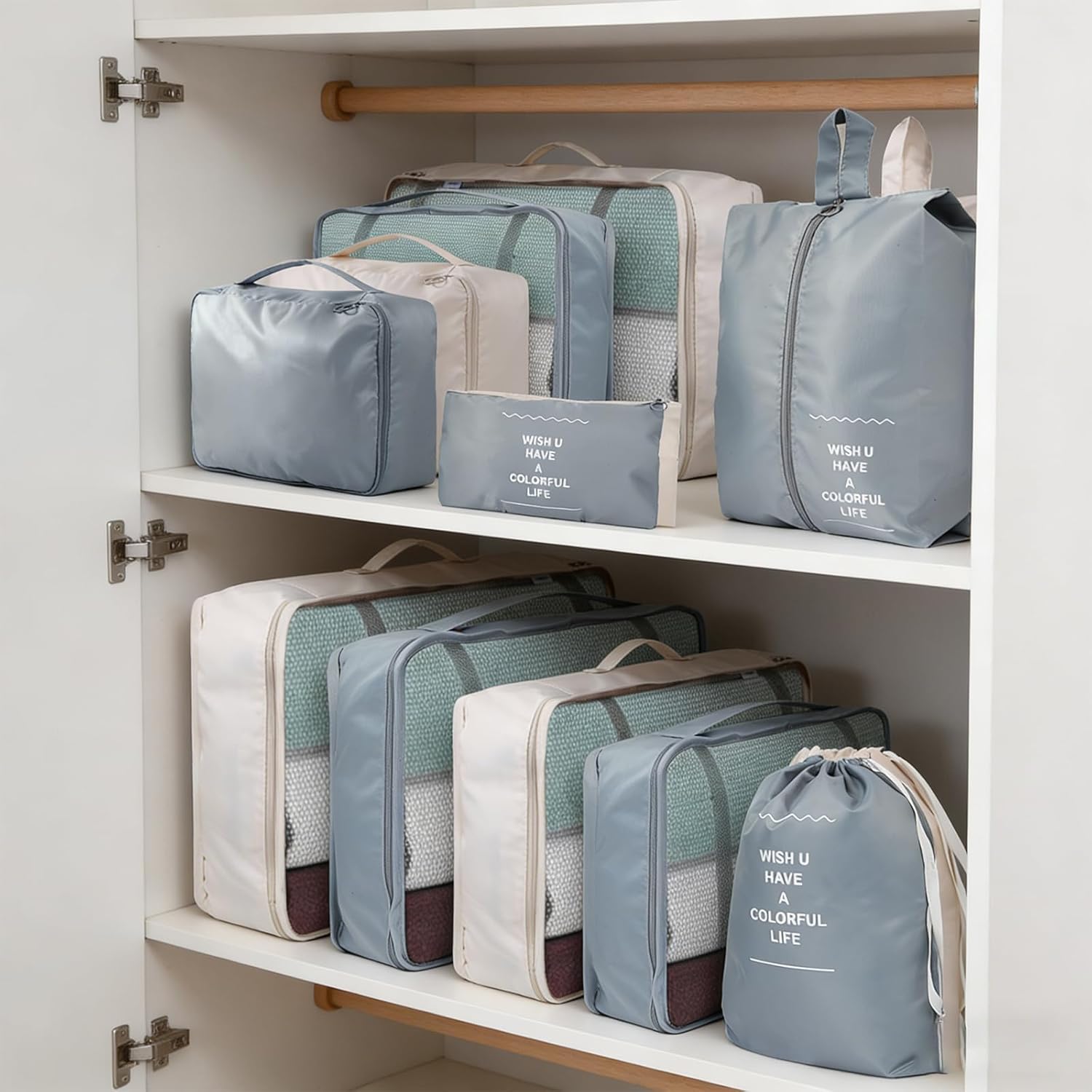 Detalle 2 de 14-teilige Zweifarbige Koffer Organizer – Ordnung im Gepäck mit 14 Teilen in Schwarz & Beige
