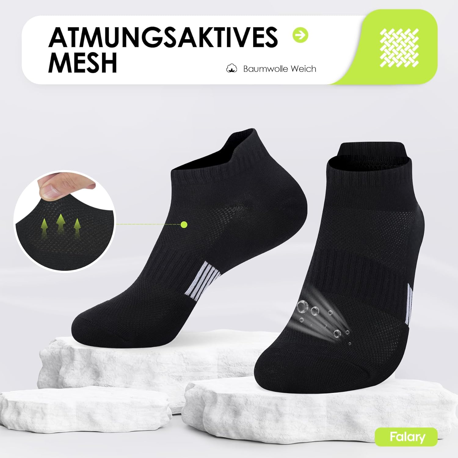 Detalle de FALARY Sneaker Socken 8 Paar – atmungsaktive Laufsocken aus Baumwolle, Kurz, Schwarz/Weiß