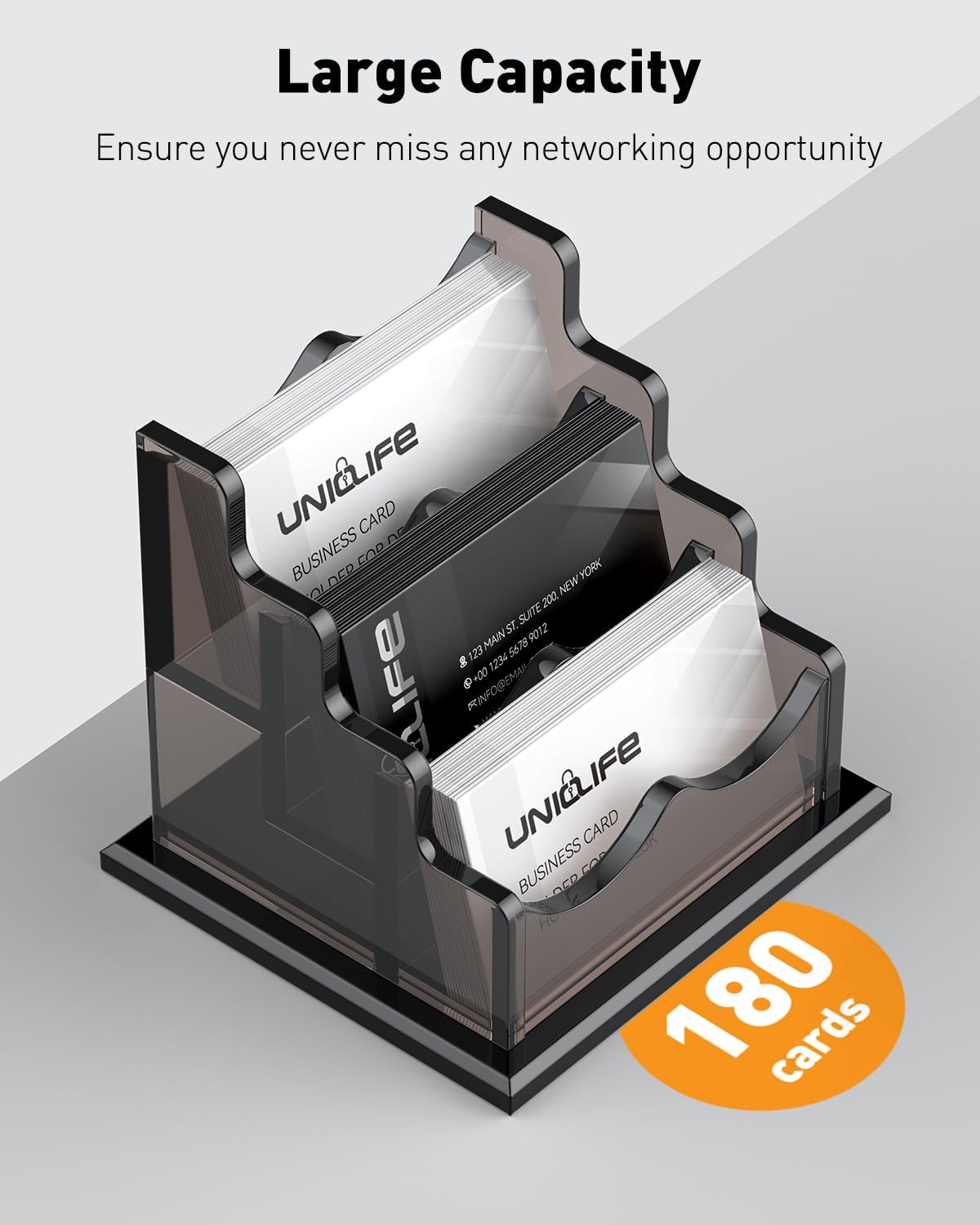 Detalle 2 de Uniclife Porte-cartes d'affaires en acrylique — 3 fentes, 180 cartes, design gris fumé