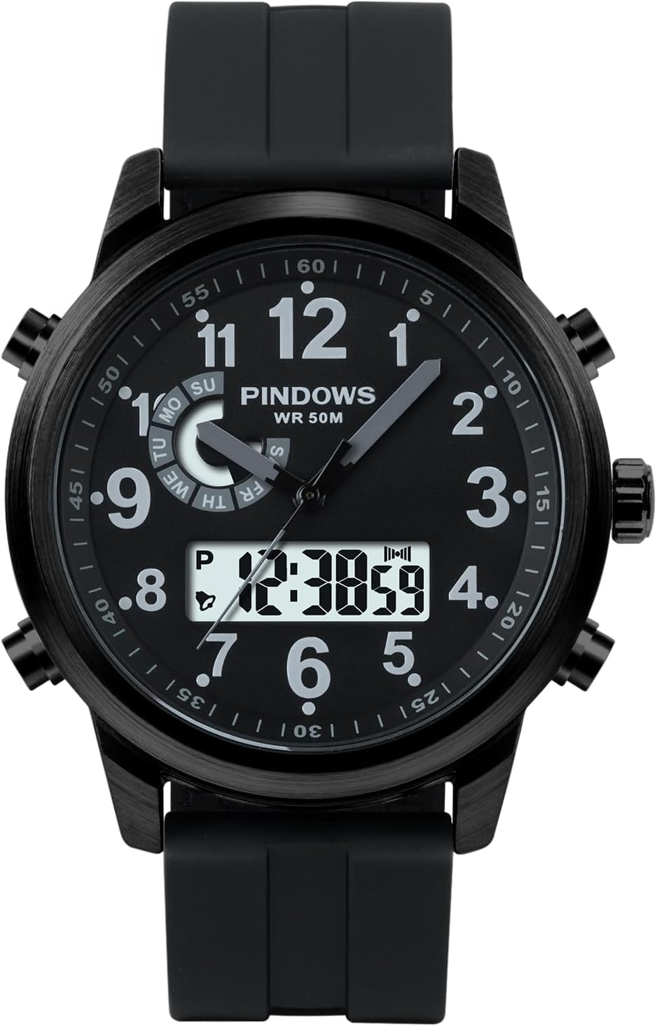 Detalle de PINDOWS Herrenuhren – Multifunktionale Lederarmbanduhr mit Dualzeit, 30 m wasserdicht