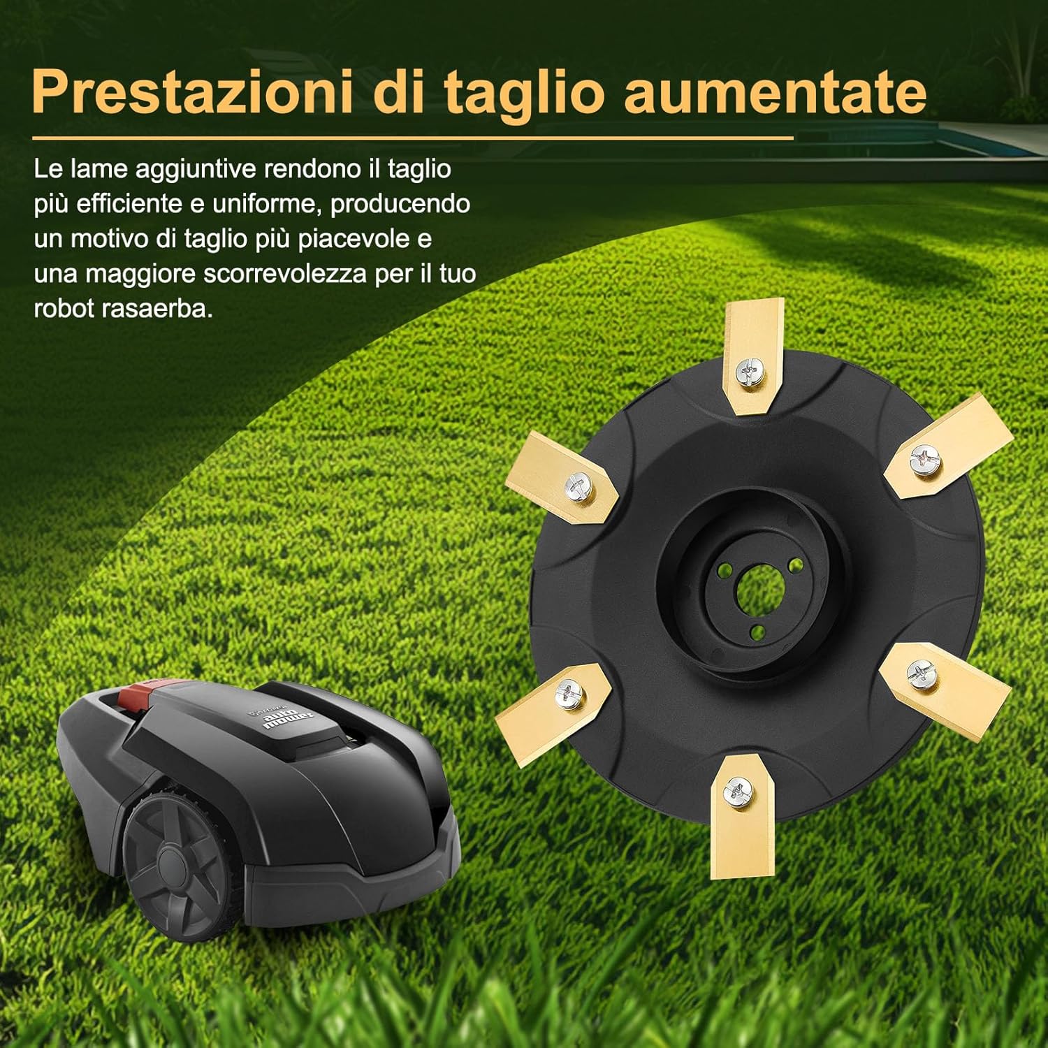 Detalle 2 de FourShow Taglio più Efficiente: Piastra Lama + 6 Lame di Ricambio per Husqvarna Automower 105 (587423601)
