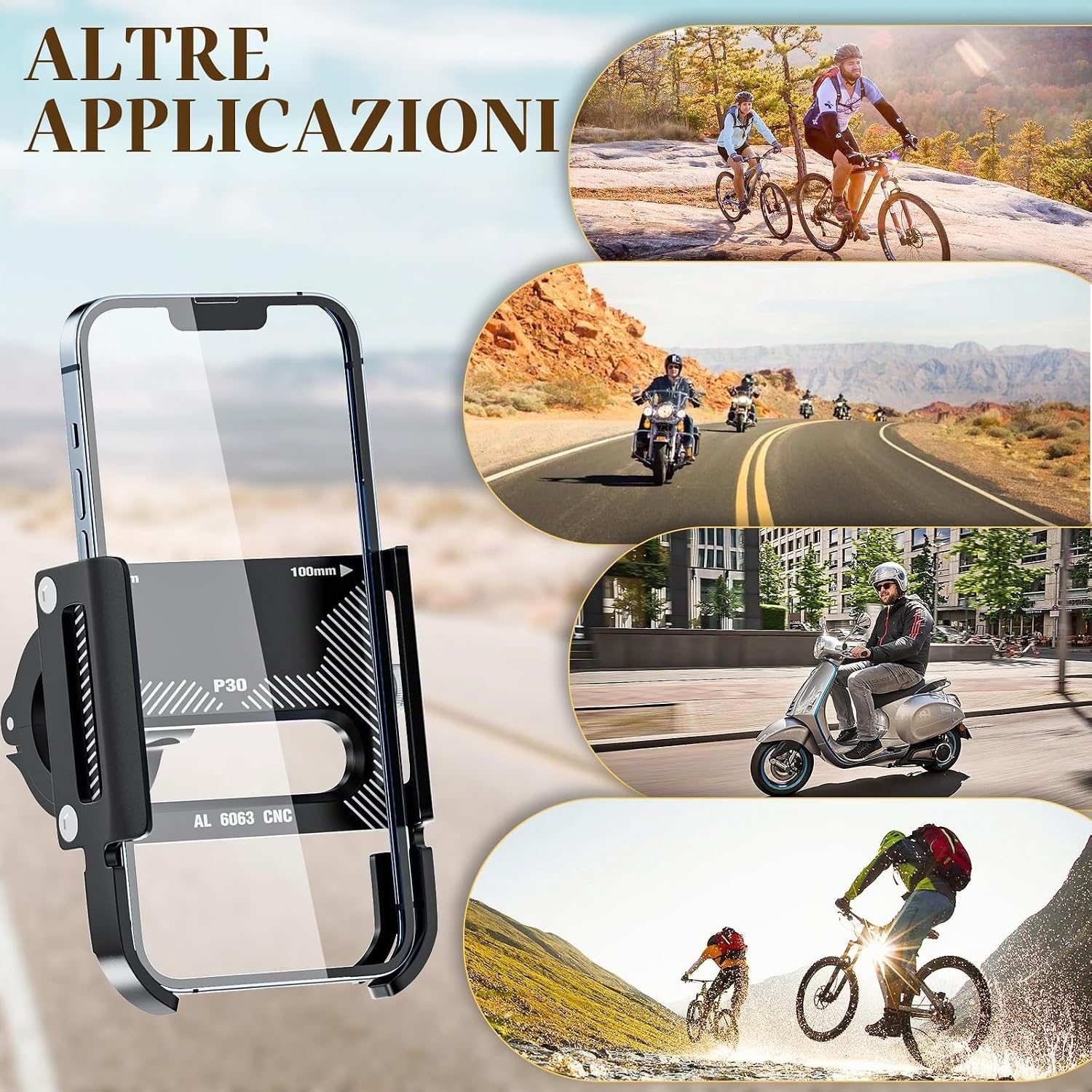 Detalle de DN DENNOV Porta Cellulare Bici: supporto in alluminio con rotazione a 360° e fissaggio universale 60–100 mm