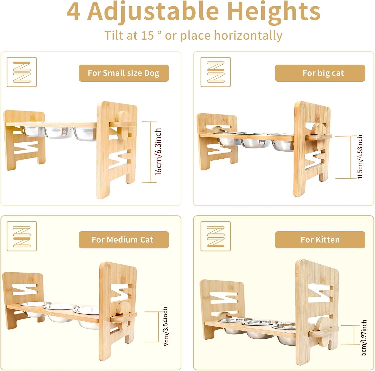 Detalle 2 de Tilted Elevated Cat Bowls with Stand - Bamboo & Stainless Steel Feeding Station