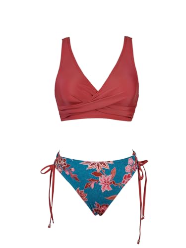 Detalle de CUPSHE Damen Bikini Set V-Ausschnitt Wickeloptik – 2-teiliges Bademode-Set mit Lace Up, ziegelrot/blau