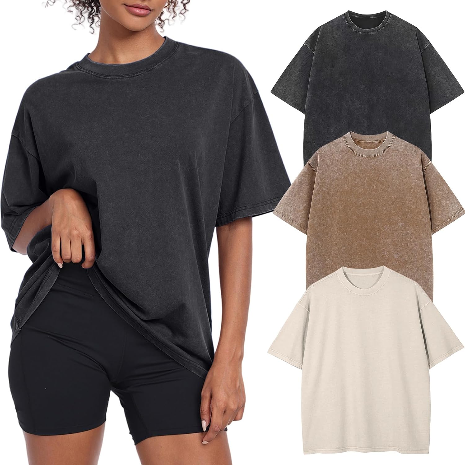 Detalle de KEEPSHOWING Vintage Oversized Acid-Wash Cotton T-Shirt for Women