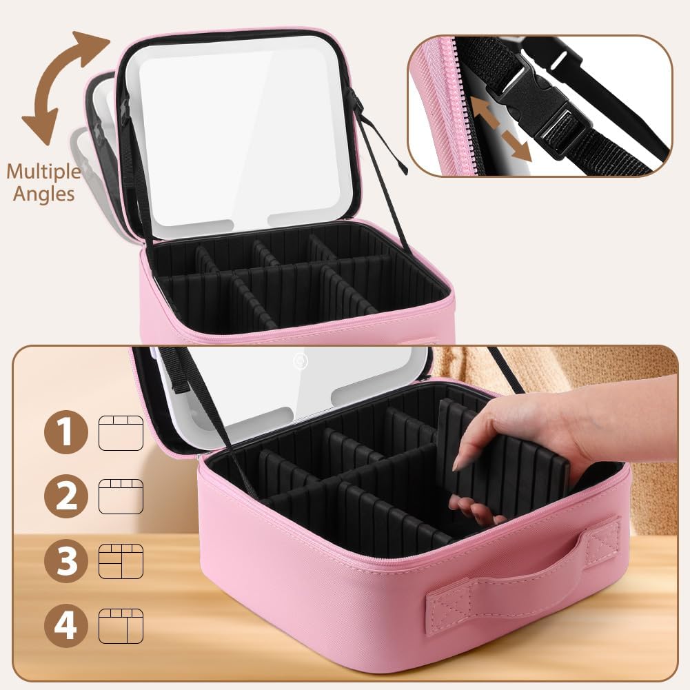Detalle 2 de OSDUE Trousse de Maquillage avec Miroir Lumière – Trousse de Voyage 3 Couleurs LED, Grand Capacité, Rose