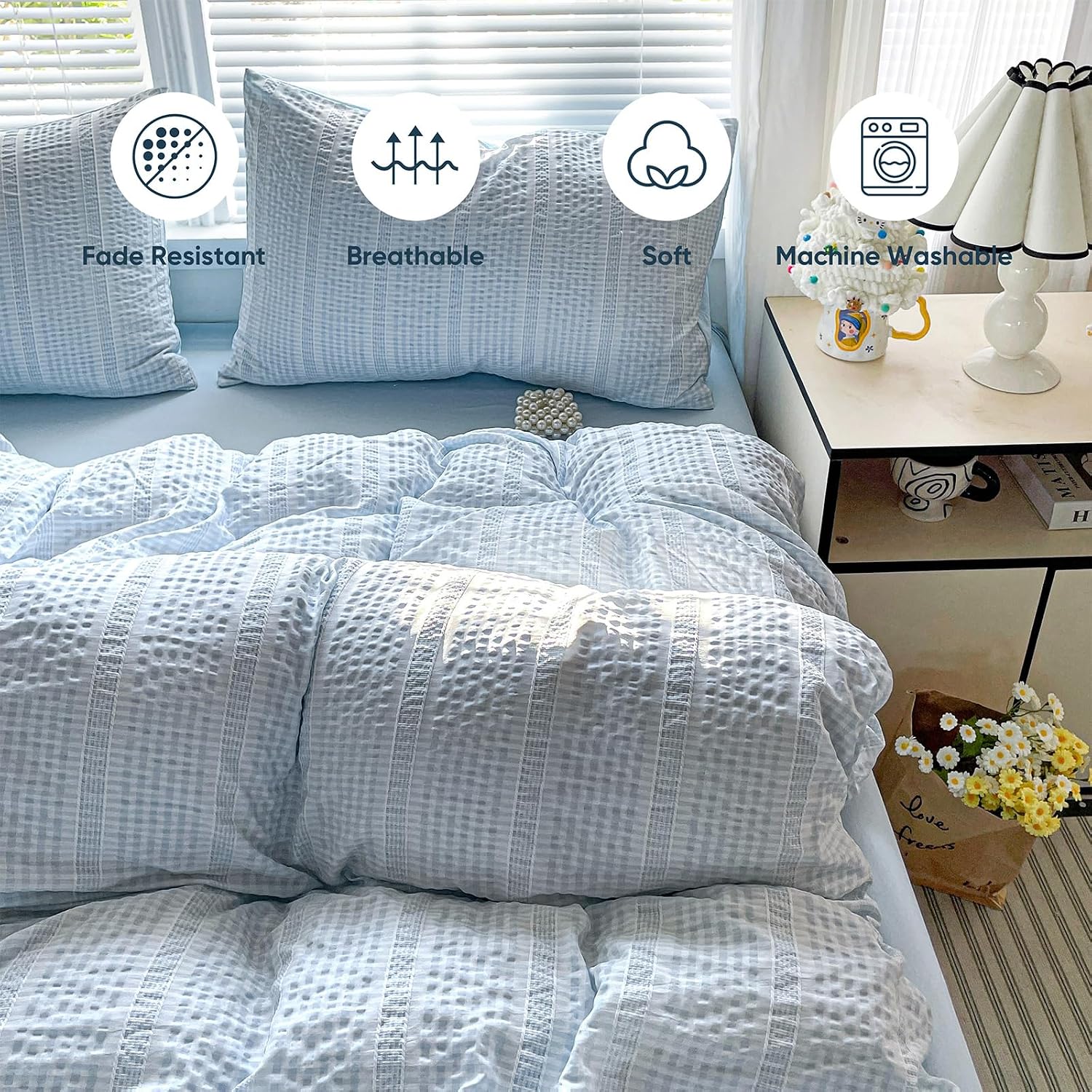 Detalle de Guchuang Bedding Blue Seersucker Duvet Cover Set (Double, 200x200cm) – 3-Piece Microfibre Bedding Set