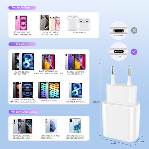 Thumbnail 6 de LeHuiTo 2er Pack 20W PD USB-C Schnellladegerät + 2 m USB-C Kabel