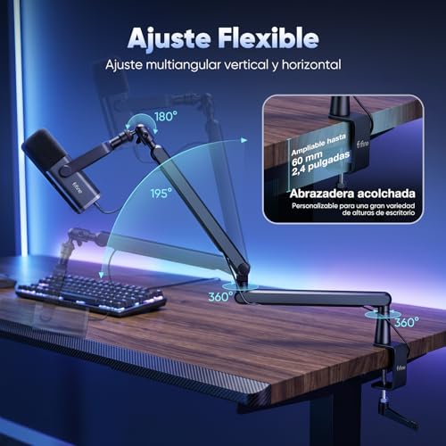 Detalle de FIFINE Soporte de Micrófono con Brazo K658/K688 AM8/A8: estabilidad y gestión de cables para tu escritorio