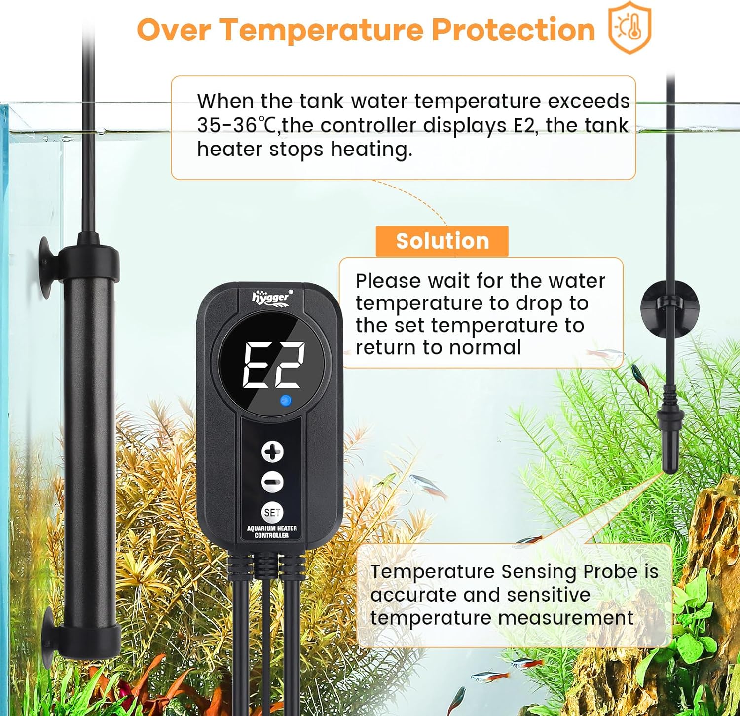Detalle de hygger Titanium Heizer 100W – Aquarium-Heizung mit Display-Controller für 57–76 L Becken