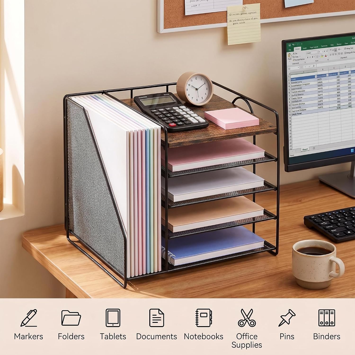 Detalle 2 de OPNICE Desk Organizer 5-Tier Metal Letter Tray, Brown