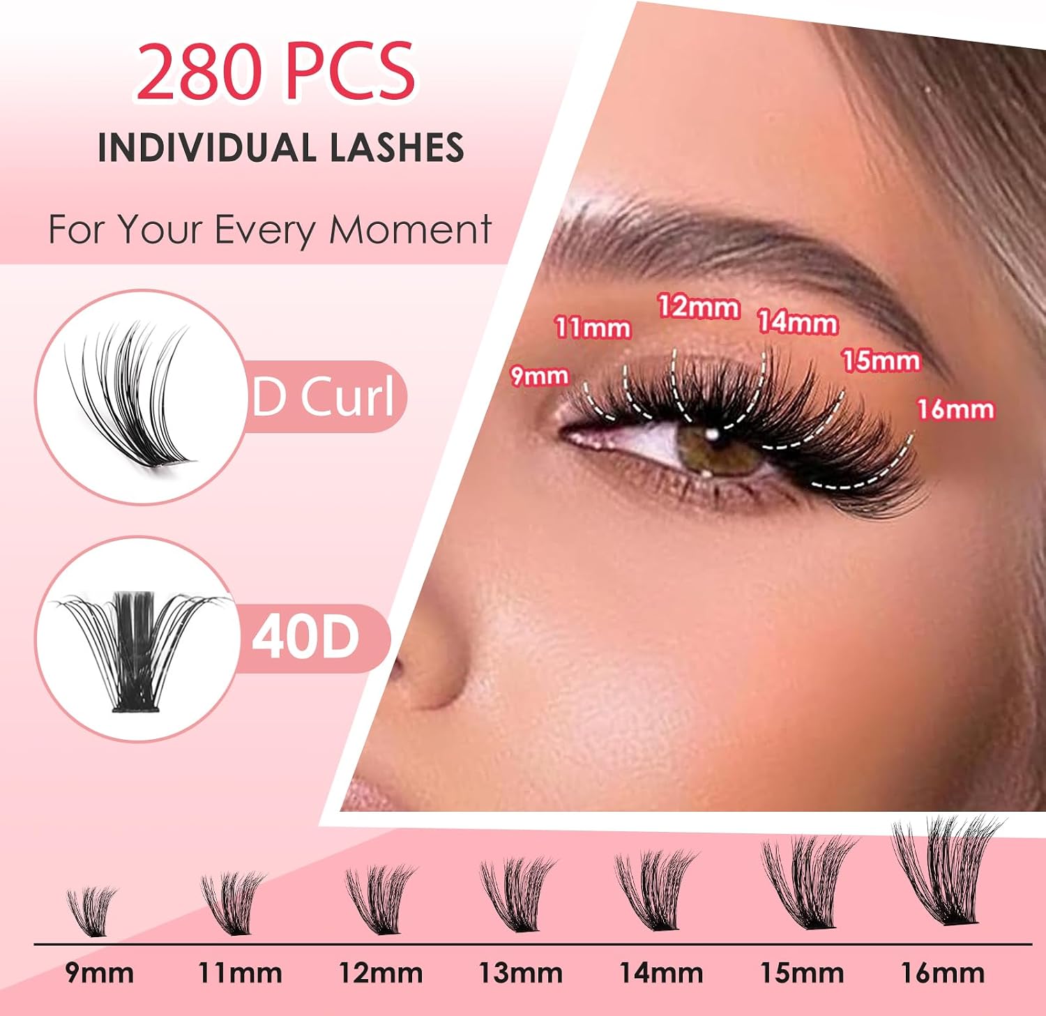 Detalle de LIDENKORS 280-Piece Lash Cluster Kit, D-Curl 9–16 mm, 2-in-1 Bond & Seal