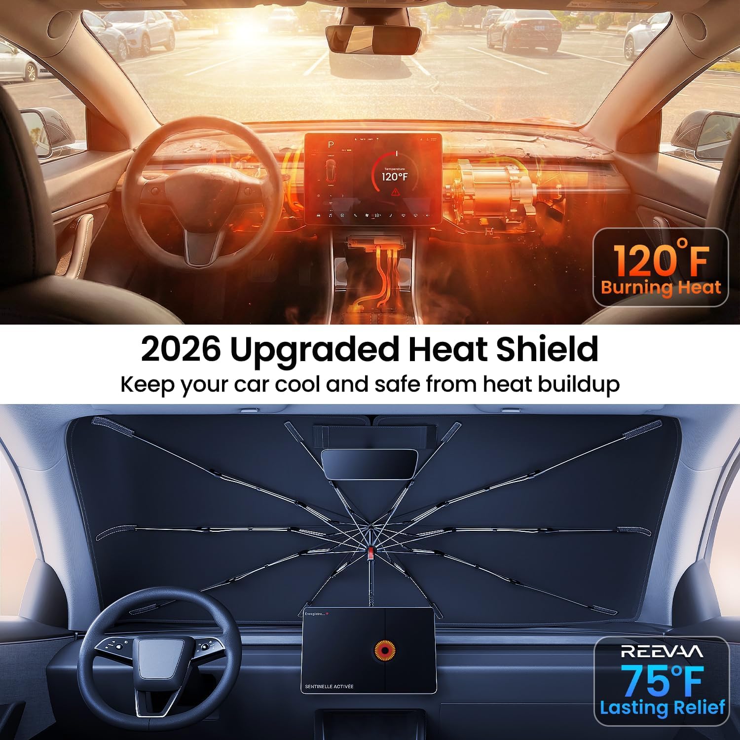 Thumbnail 1 de REEVAA 2026 Upgraded Windshield Sun Shade Umbrella for Pickup Trucks & Full SUVs