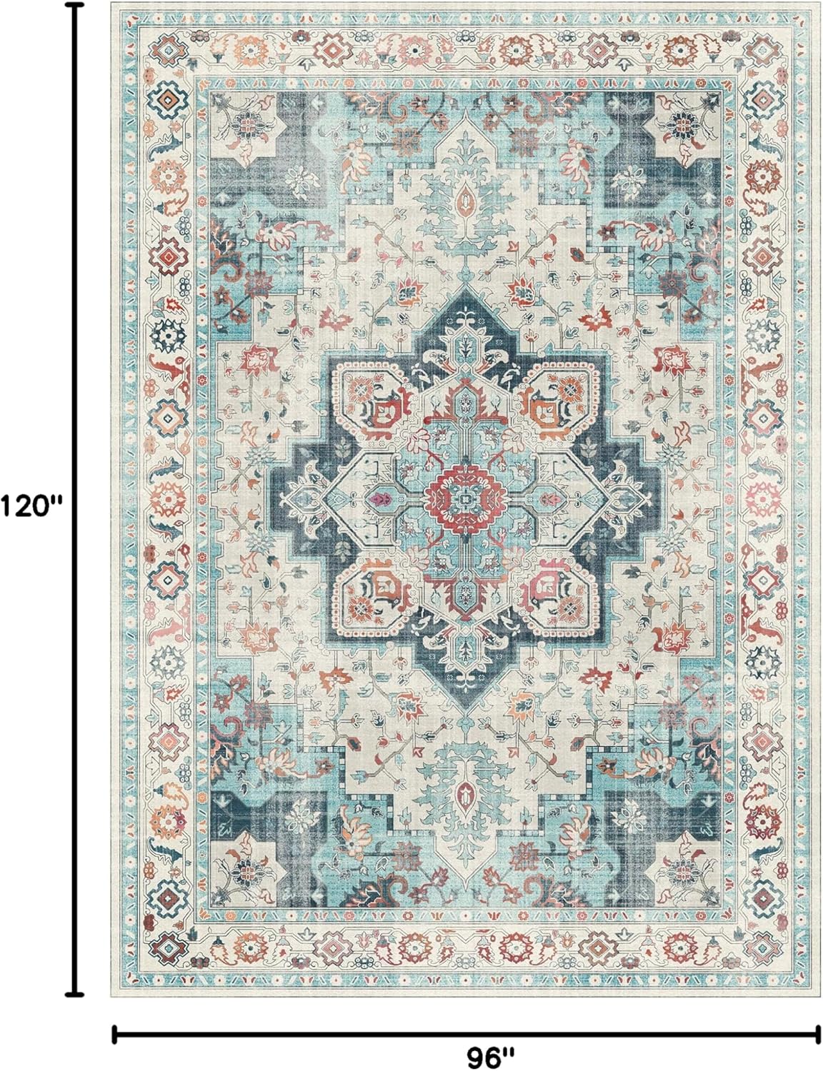 Detalle 2 de GENIMO 8x10 Turquoise & White Area Rug — Non-Slip, Machine Washable, Low-Pile Vintage Print for Living Room