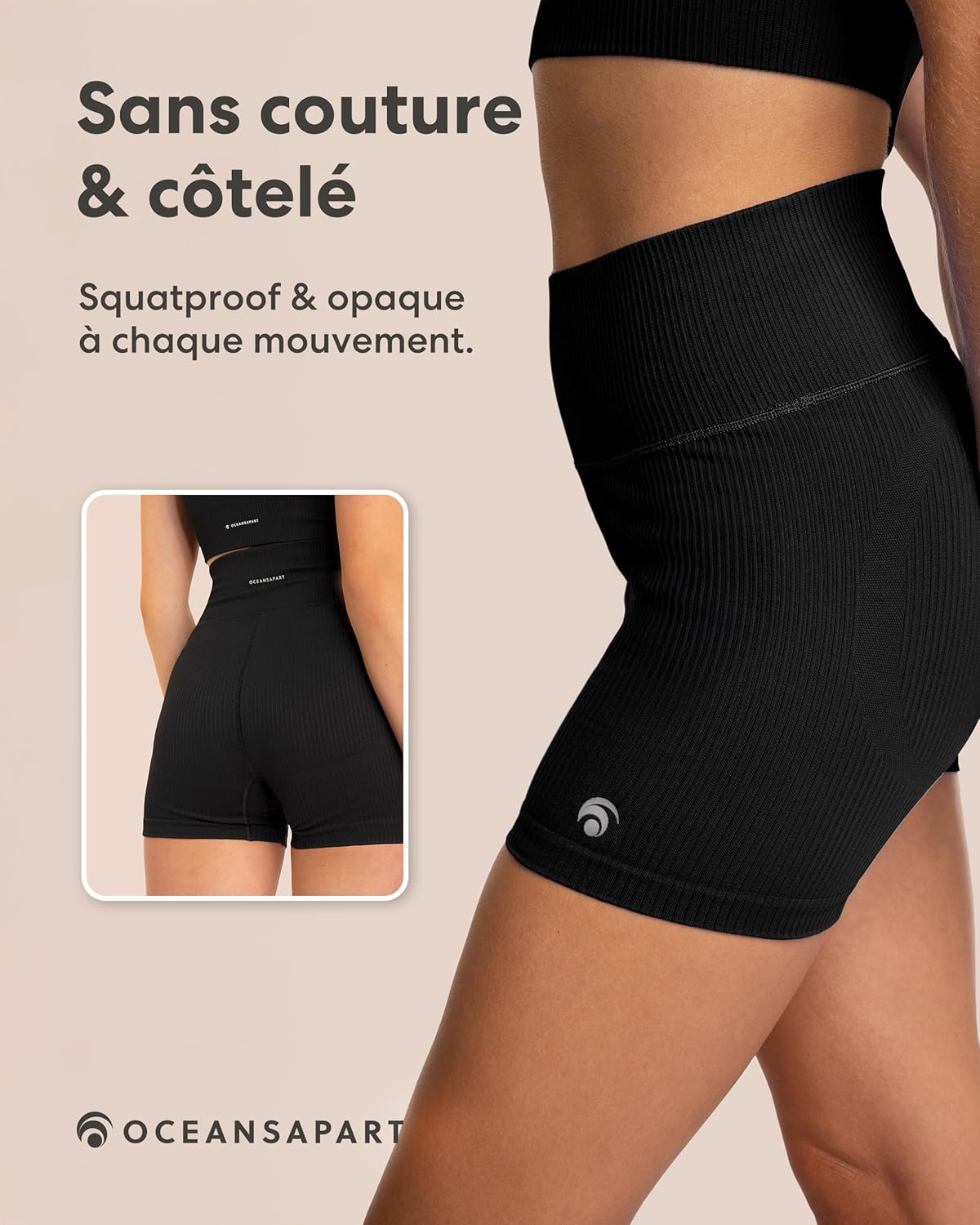 Detalle de Short de cyclisme femme OCEANSAPART Maya — taille haute côtelée opaque et anti-squadproof